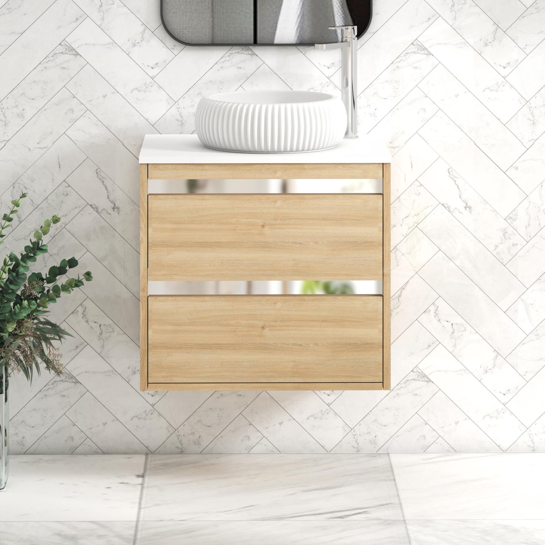 Orion 2 Drawer Natural Oak Wall Hung Vanity Unit with Plain White Top & Countertop Basin 