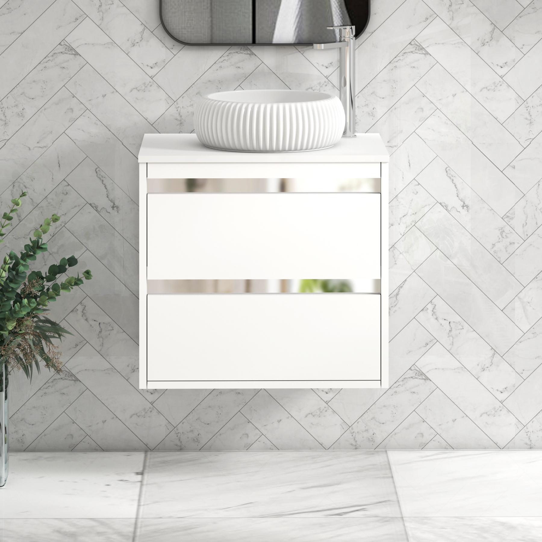 Orion 2 Drawer Matt White Wall Hung Vanity Unit with Plain White Top & Countertop Basin 