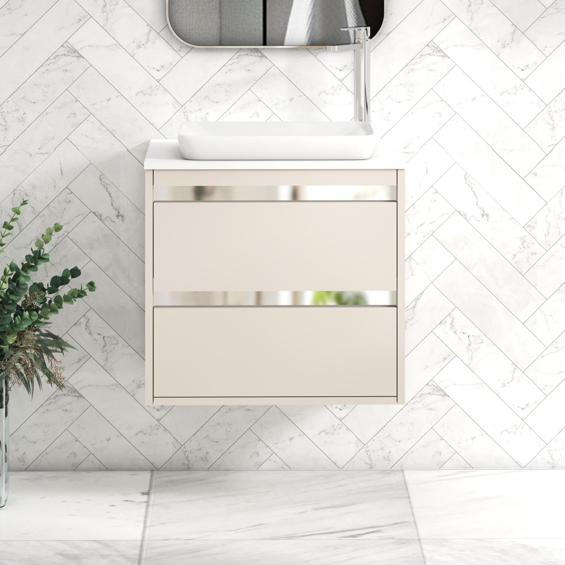 Orion 2 Drawer Warm Taupe Wall Hung Vanity Unit with Plain White Top & Countertop Basin 