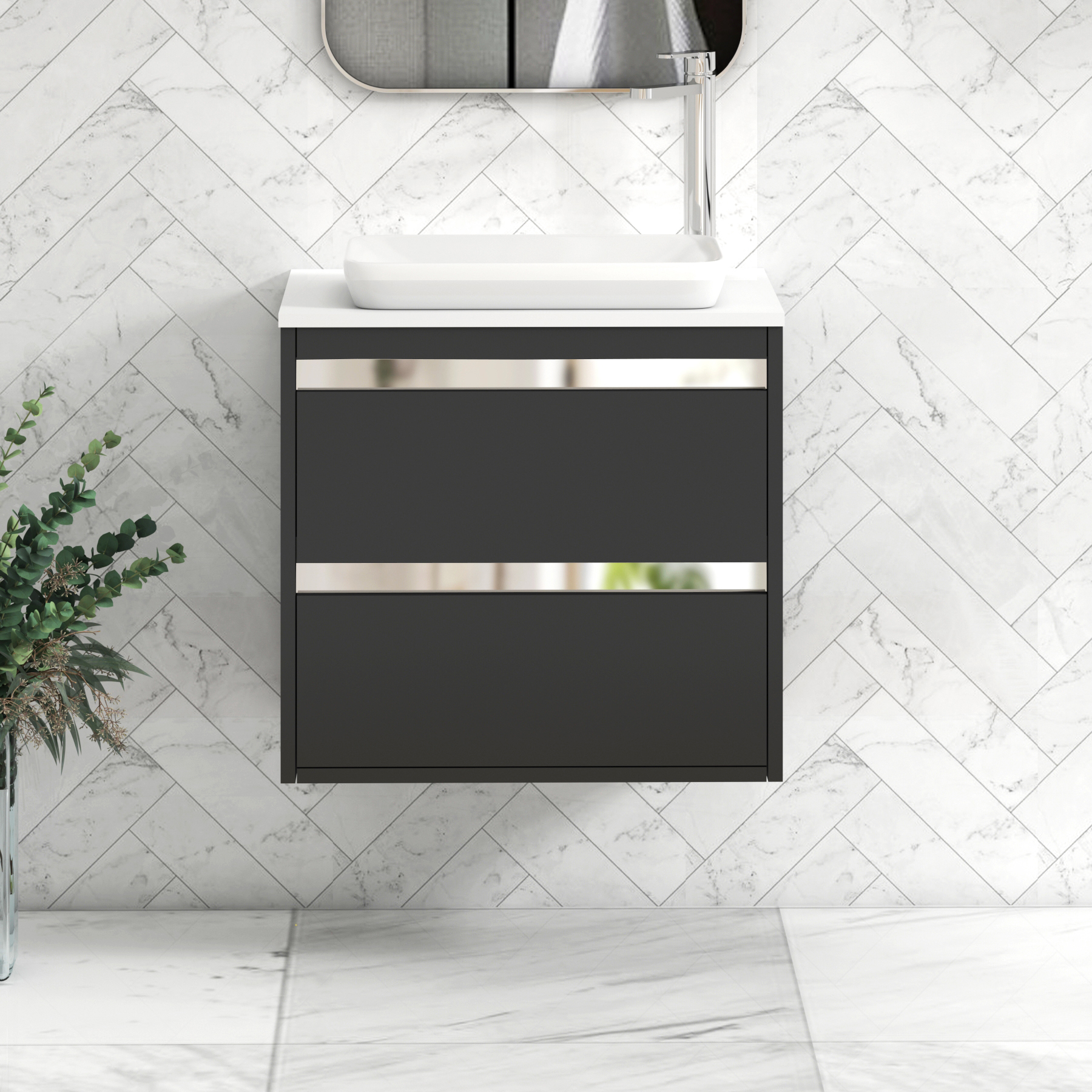 Orion 2 Drawer Matt Obsidian Black Wall Hung Vanity Unit with Plain White Top & Countertop Basin 