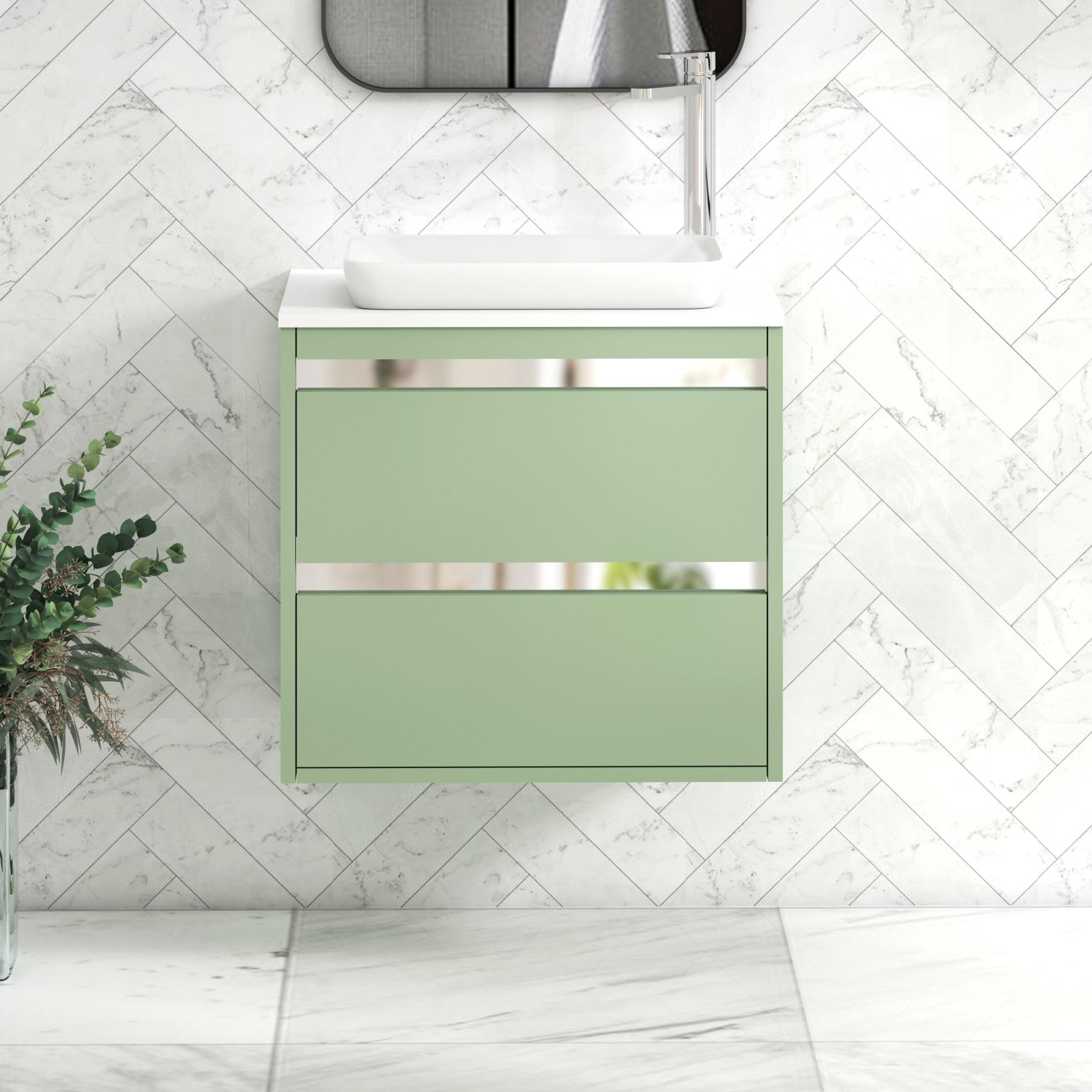 Orion 2 Drawer Mint Sage Wall Hung Vanity Unit with Plain White Top & Countertop Basin 