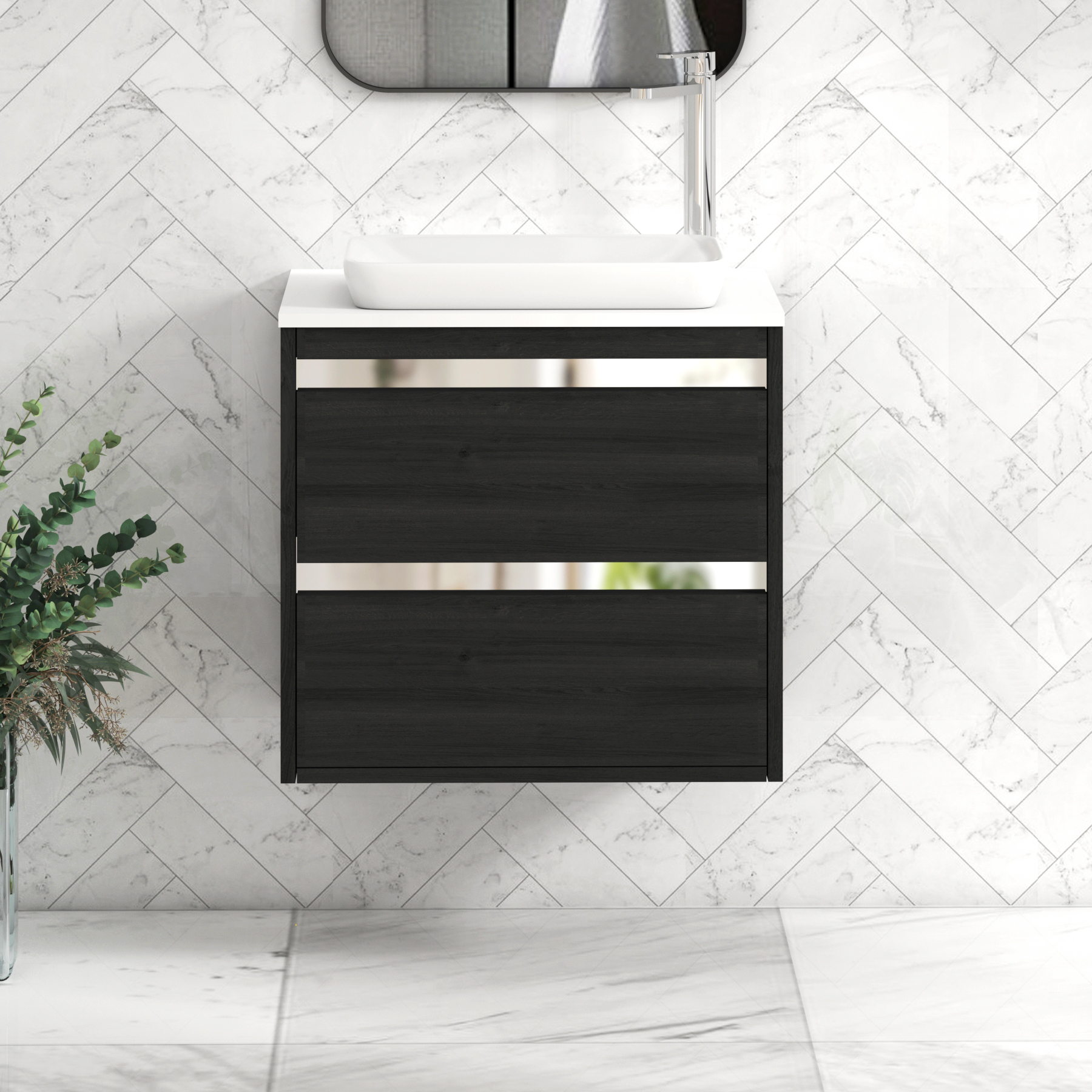Orion 2 Drawer Hale Black Wall Hung Vanity Unit with Plain White Top & Countertop Basin 