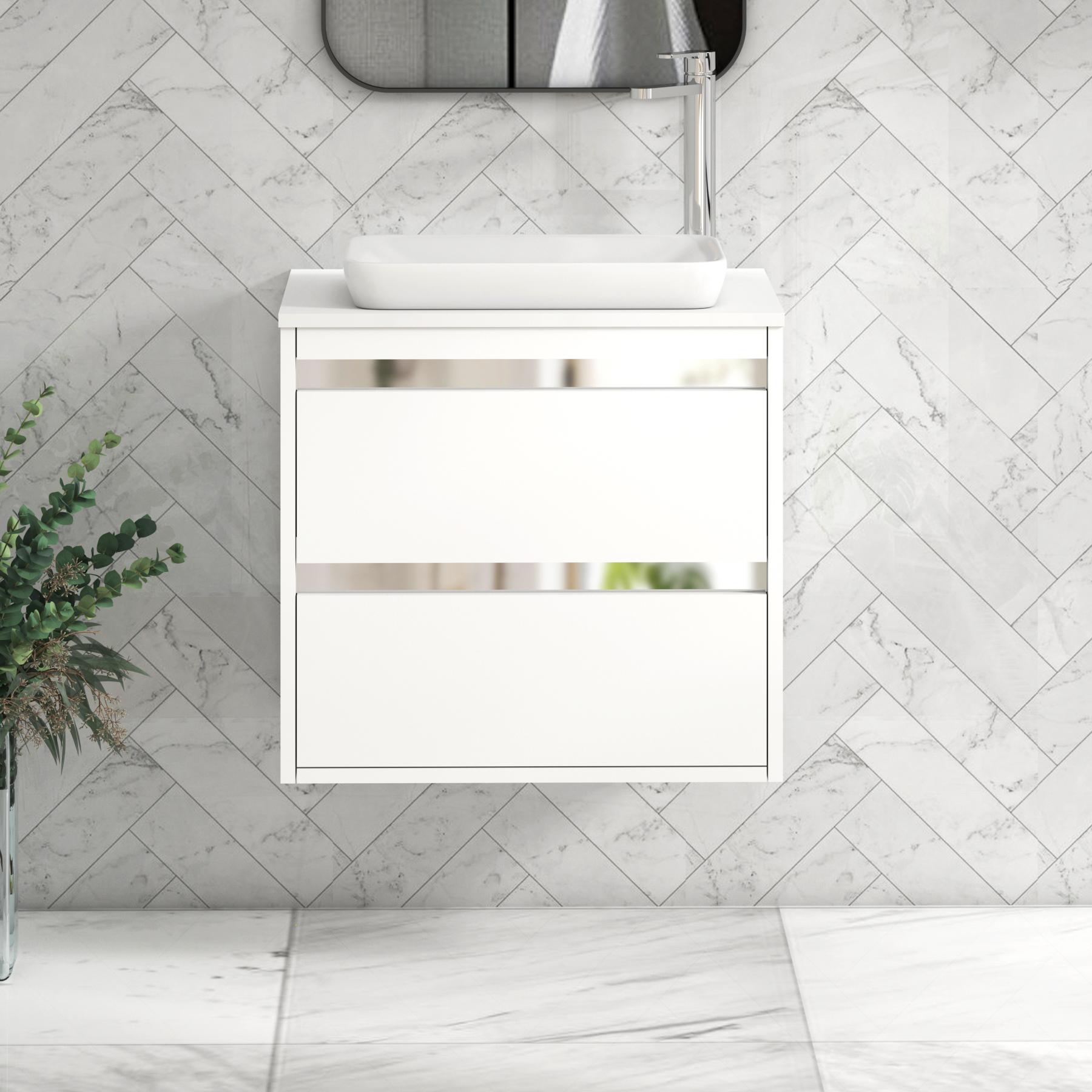 Orion 2 Drawer Matt White Wall Hung Vanity Unit with Plain White Top & Countertop Basin 