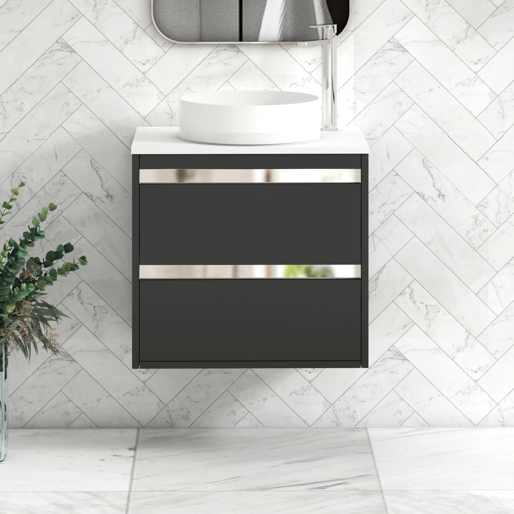 Orion 2 Drawer Matt Obsidian Black Wall Hung Vanity Unit with Plain White Top & Countertop Basin 