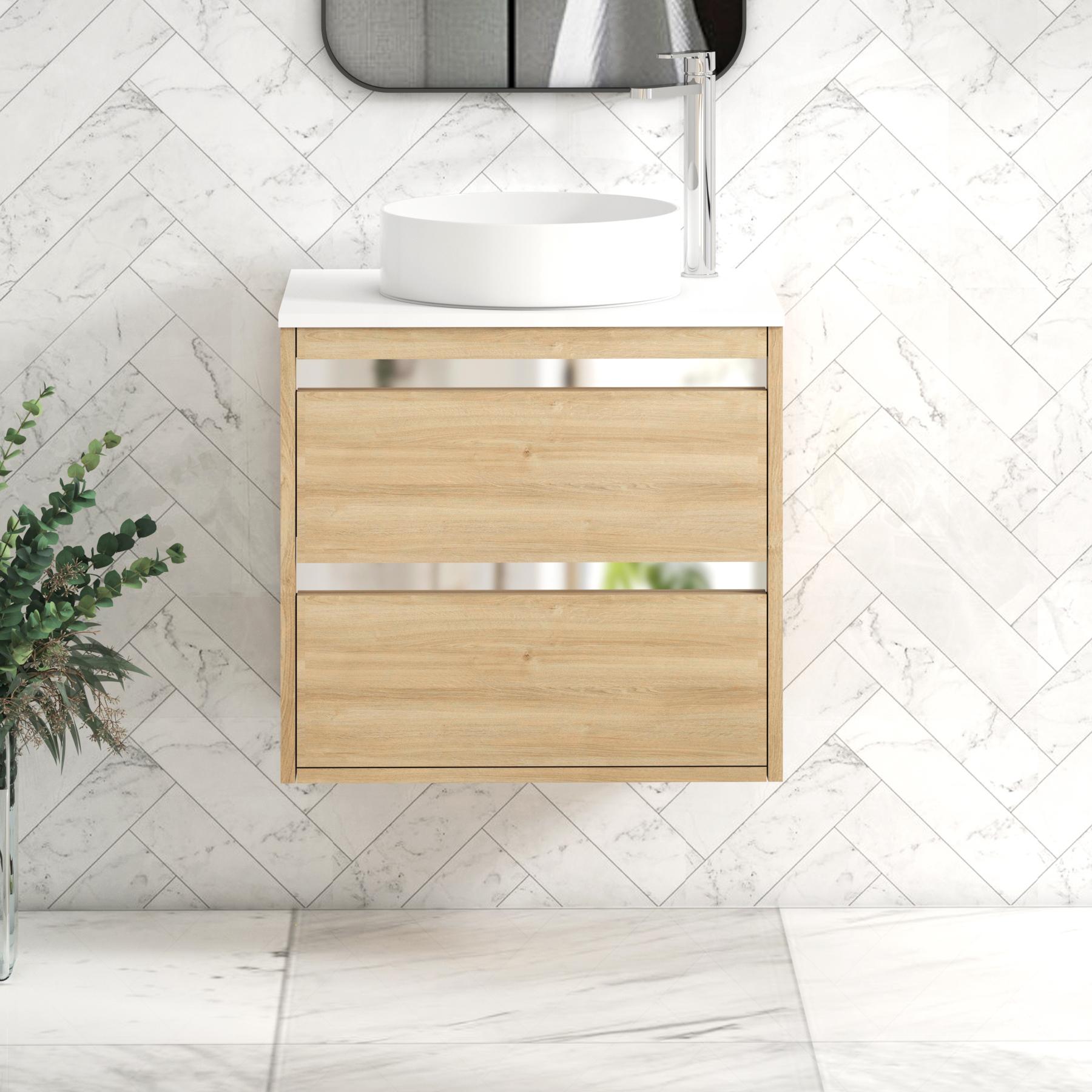 Orion 2 Drawer Natural Oak Wall Hung Vanity Unit with Plain White Top & Countertop Basin 