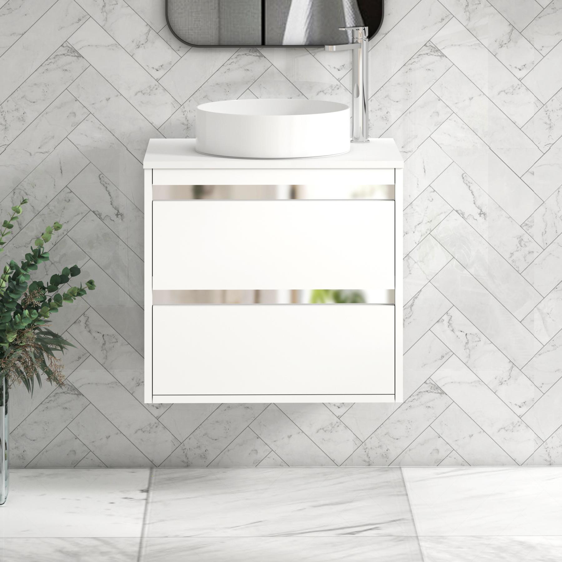 Orion 2 Drawer Matt White Wall Hung Vanity Unit with Plain White Top & Countertop Basin 