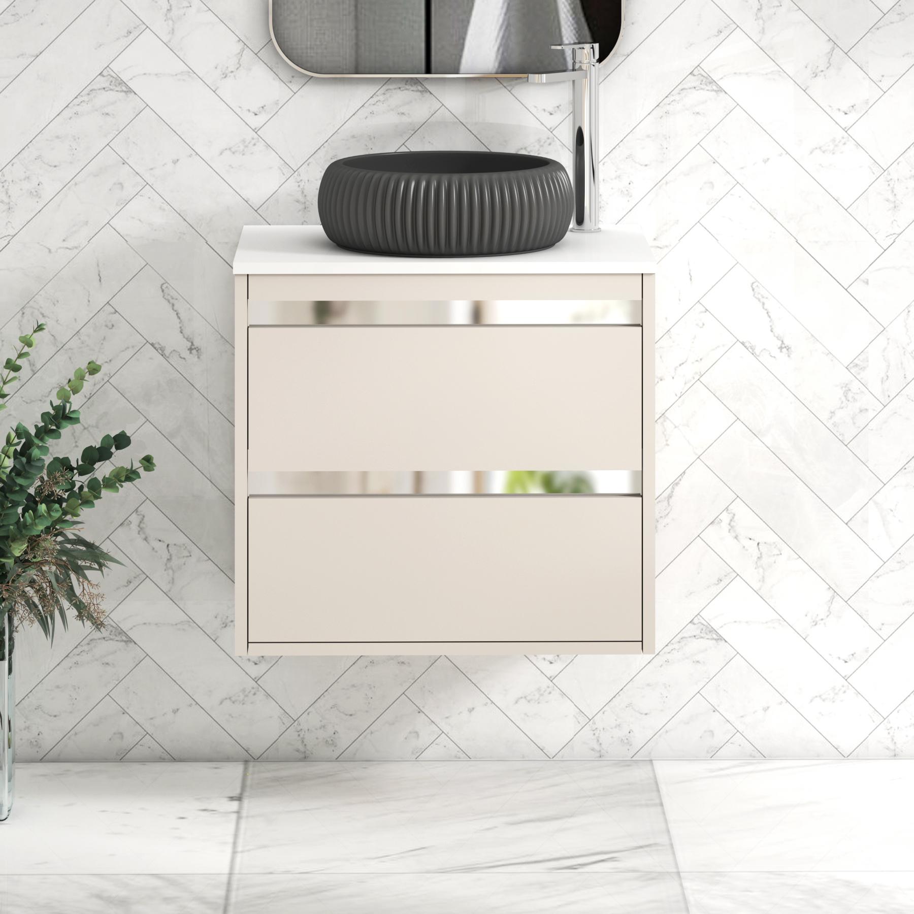 Orion 2 Drawer Warm Taupe Wall Hung Vanity Unit with Plain White Top & Countertop Basin 