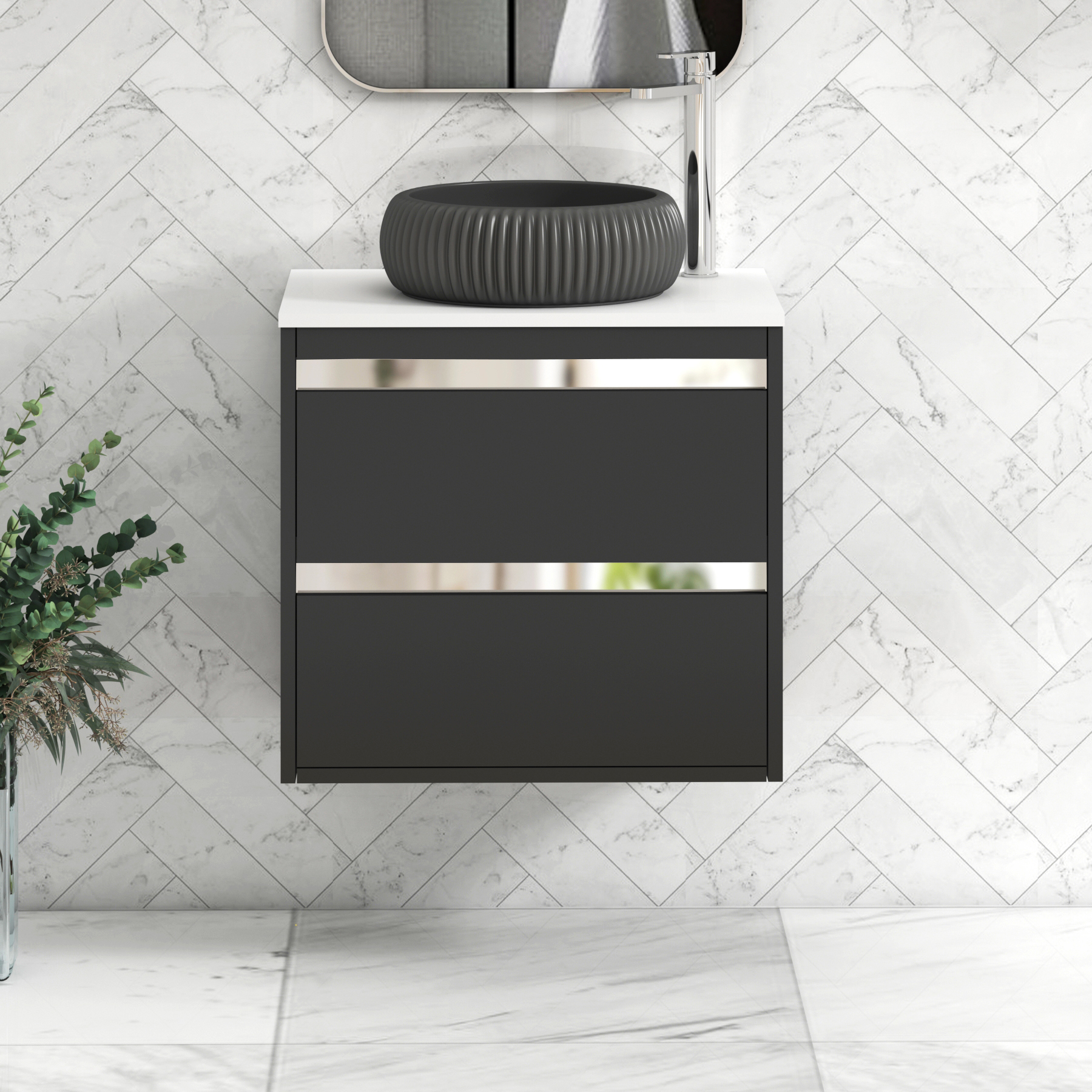 Orion 2 Drawer Matt Obsidian Black Wall Hung Vanity Unit with Plain White Top & Countertop Basin 