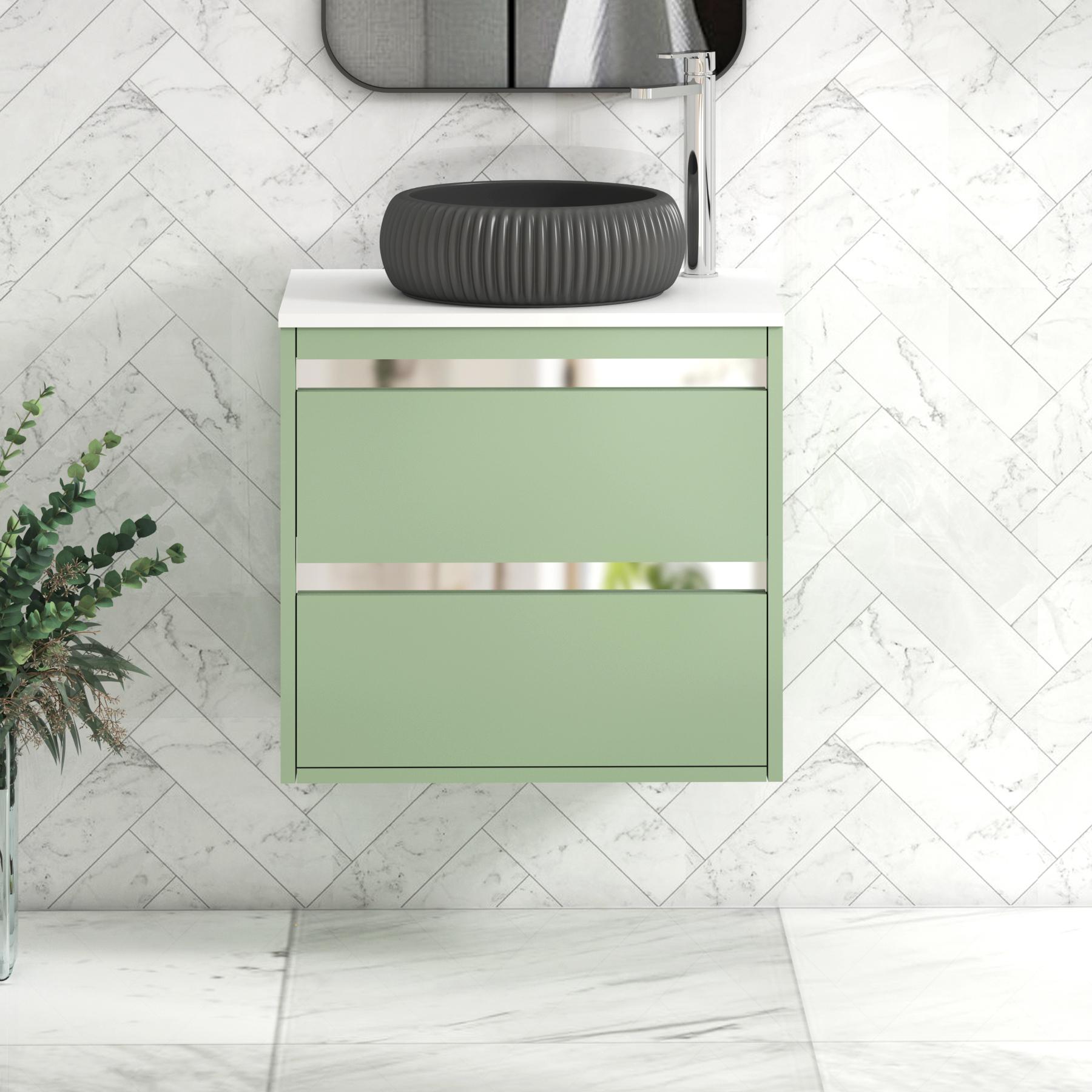 Orion 2 Drawer Mint Sage Wall Hung Vanity Unit with Plain White Top & Countertop Basin 