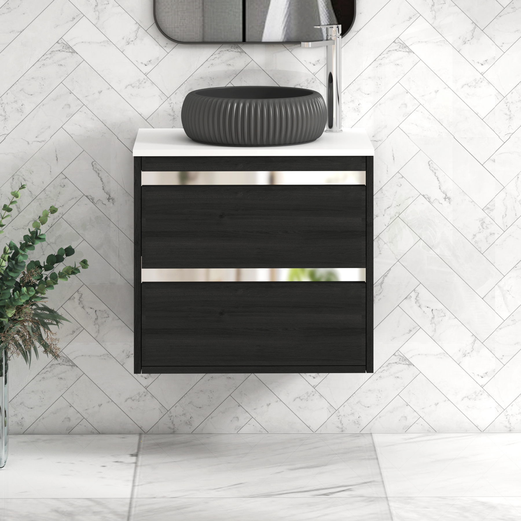 Orion 2 Drawer Hale Black Wall Hung Vanity Unit with Plain White Top & Countertop Basin 