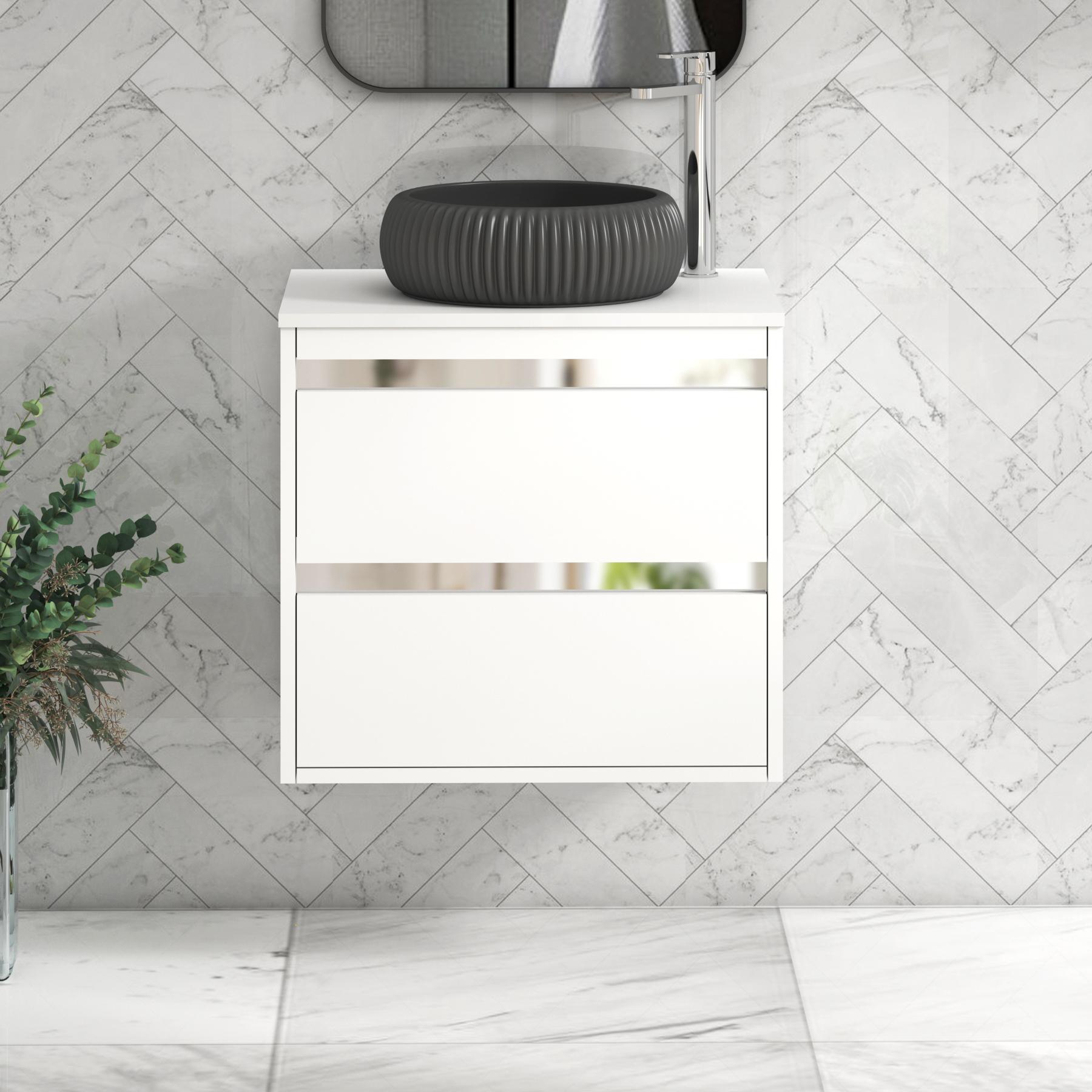 Orion 2 Drawer Matt White Wall Hung Vanity Unit with Plain White Top & Countertop Basin 