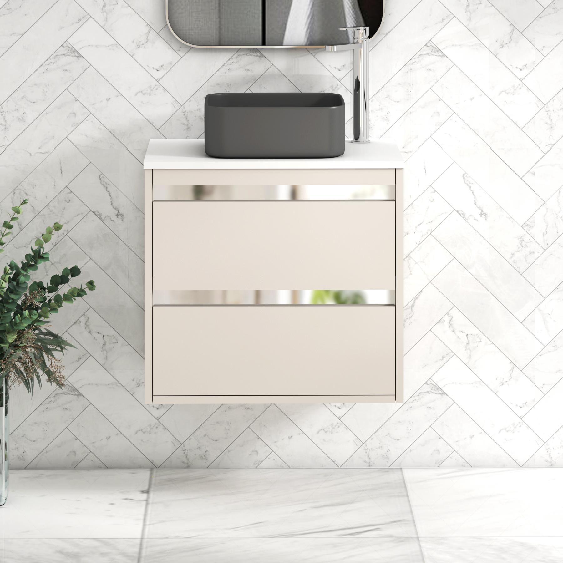 Orion 2 Drawer Warm Taupe Wall Hung Vanity Unit with Plain White Top & Countertop Basin 