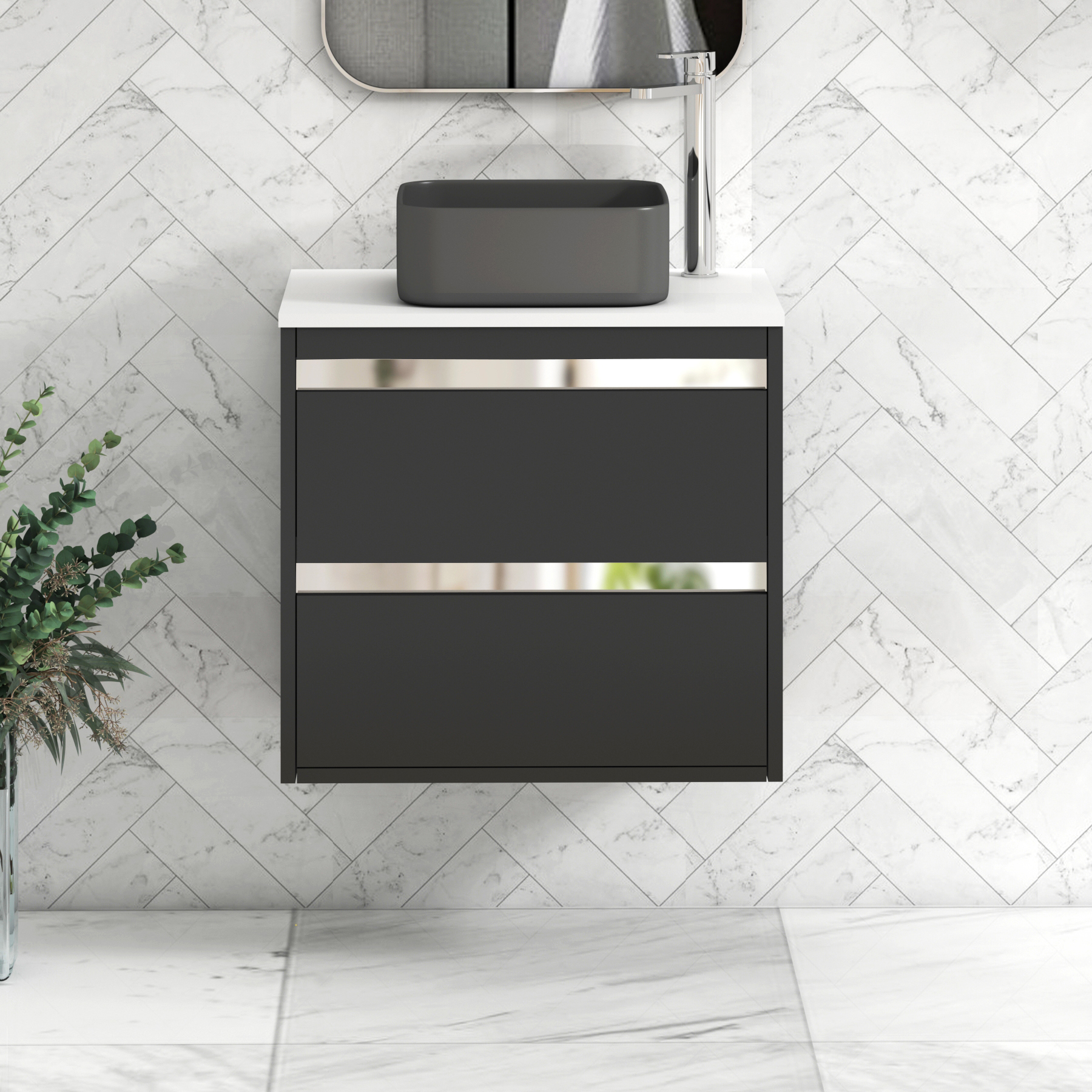 Orion 2 Drawer Matt Obsidian Black Wall Hung Vanity Unit with Plain White Top & Countertop Basin 