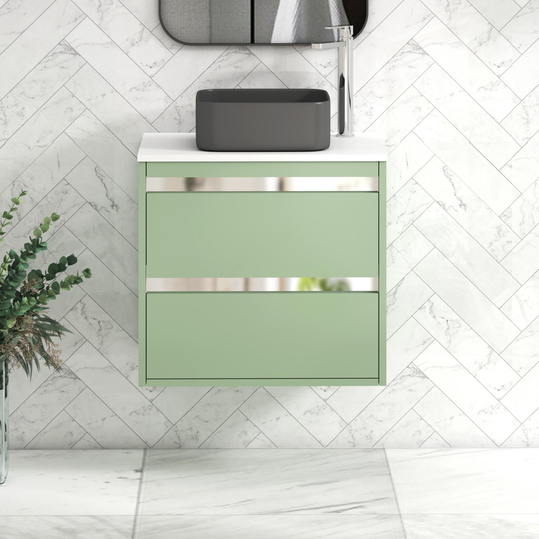 Orion 2 Drawer Mint Sage Wall Hung Vanity Unit with Plain White Top & Countertop Basin 