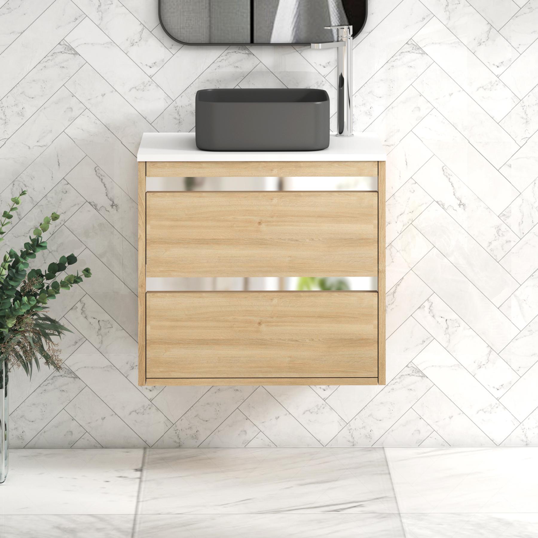 Orion 2 Drawer Natural Oak Wall Hung Vanity Unit with Plain White Top & Countertop Basin 