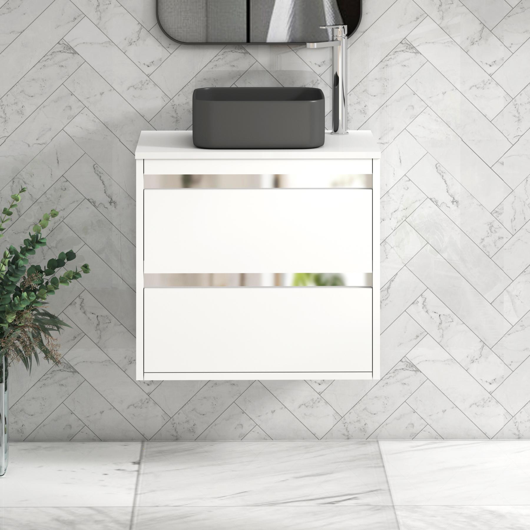 Orion 2 Drawer Matt White Wall Hung Vanity Unit with Plain White Top & Countertop Basin 
