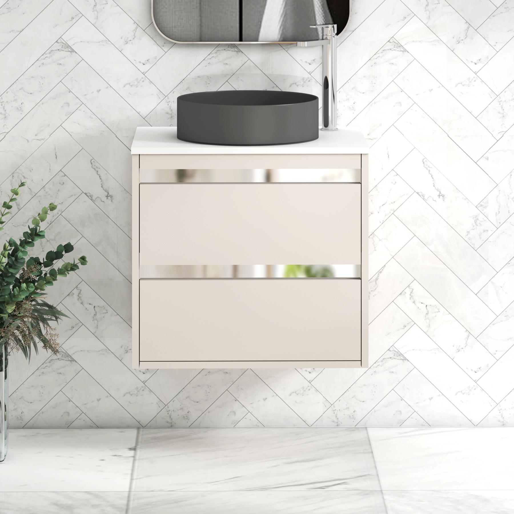 Orion 2 Drawer Warm Taupe Wall Hung Vanity Unit with Plain White Top & Countertop Basin 