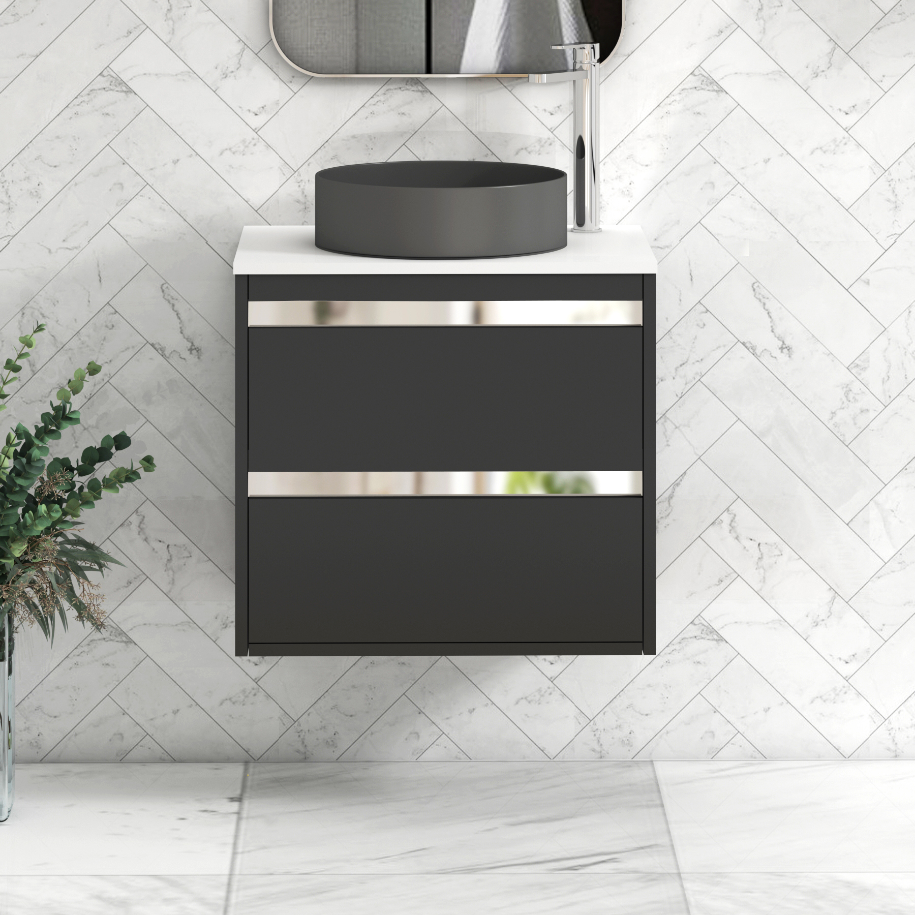 Orion 2 Drawer Matt Obsidian Black Wall Hung Vanity Unit with Plain White Top & Countertop Basin 