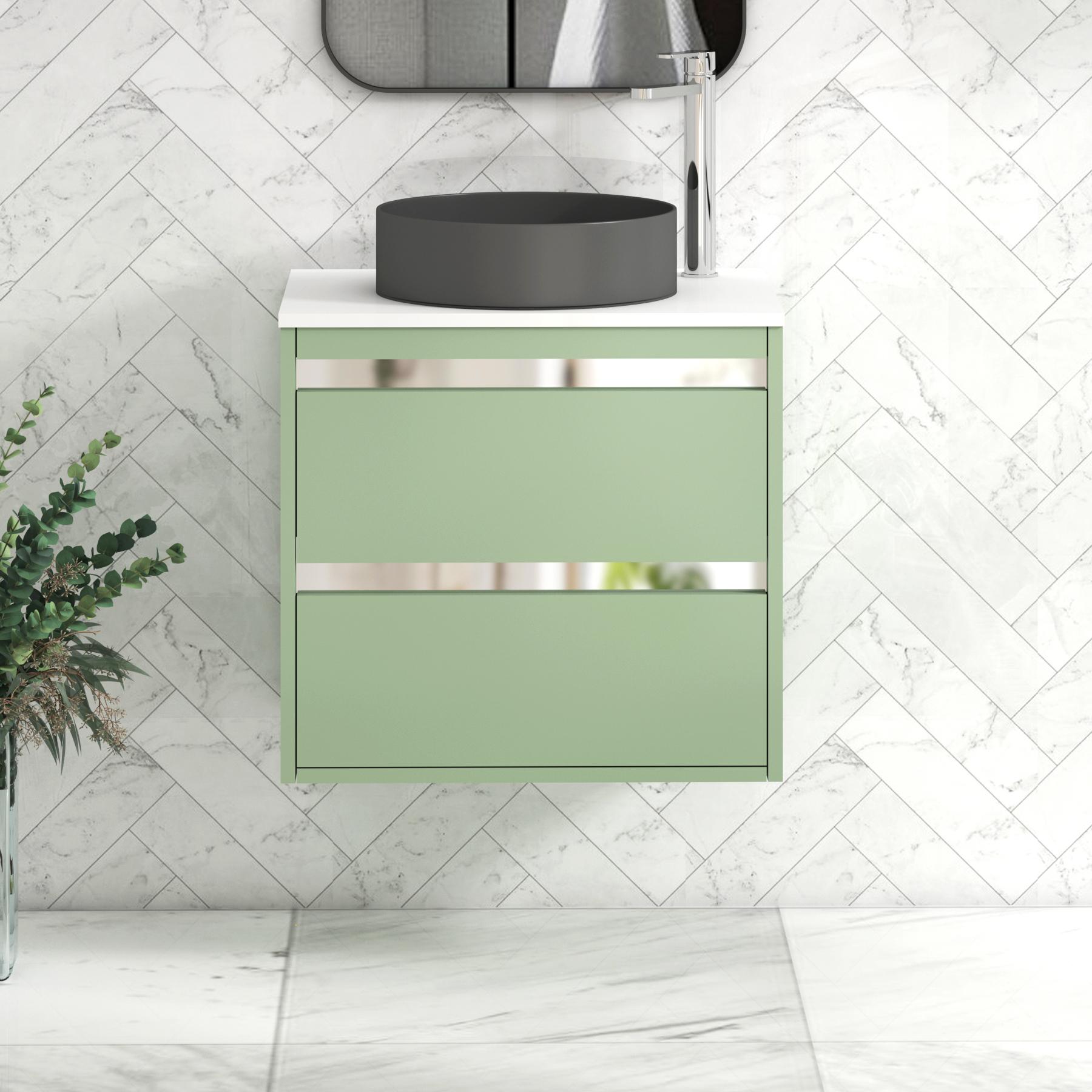 Orion 2 Drawer Mint Sage Wall Hung Vanity Unit with Plain White Top & Countertop Basin 
