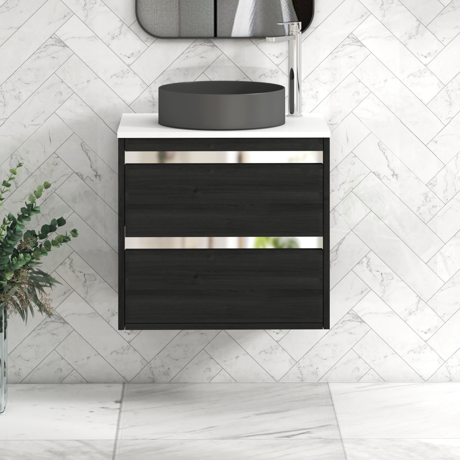 Orion 2 Drawer Hale Black Wall Hung Vanity Unit with Plain White Top & Countertop Basin 