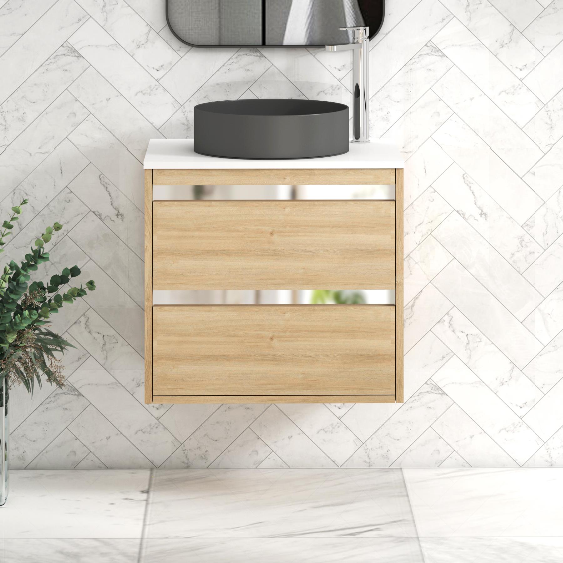 Orion 2 Drawer Natural Oak Wall Hung Vanity Unit with Plain White Top & Countertop Basin 