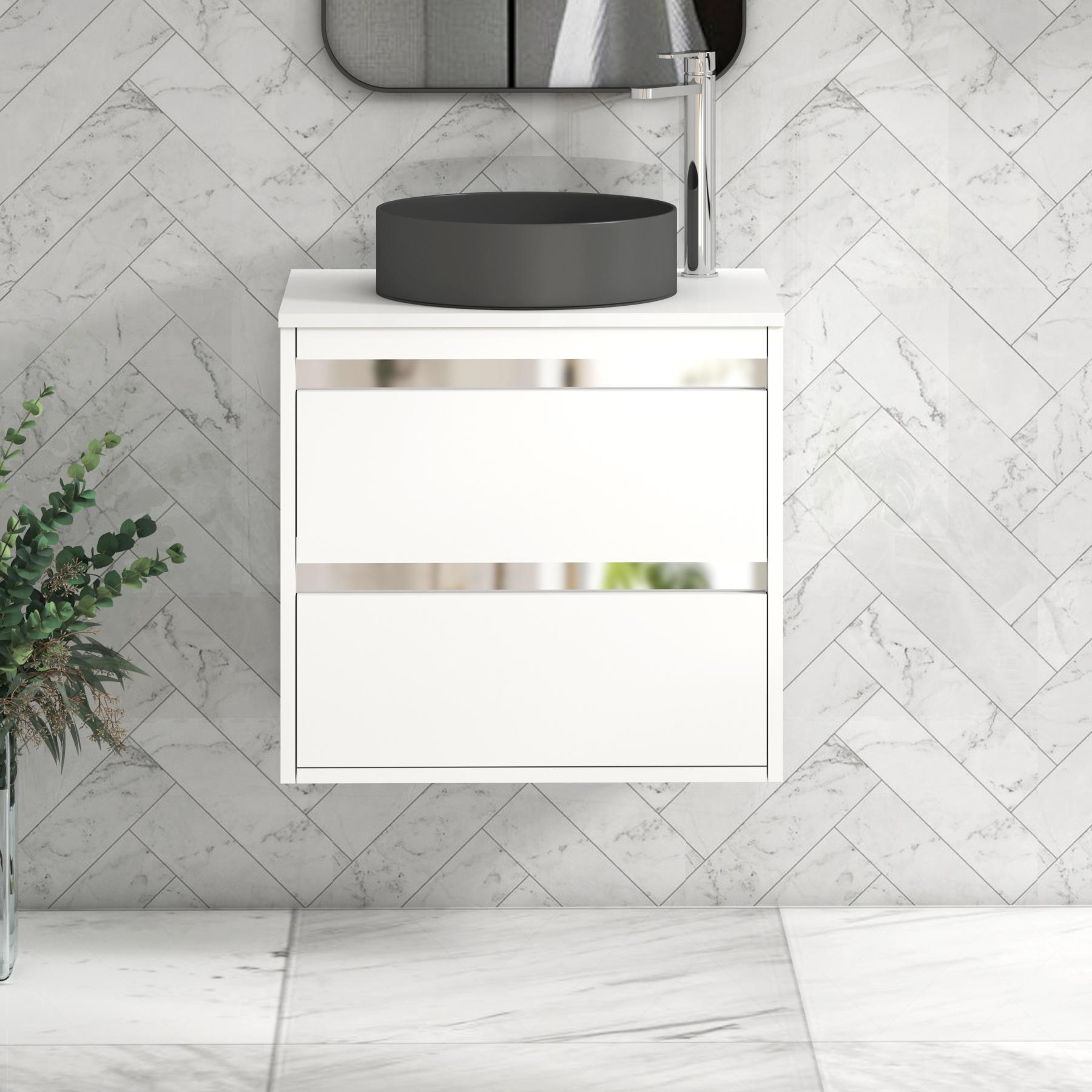 Orion 2 Drawer Matt White Wall Hung Vanity Unit with Plain White Top & Countertop Basin 