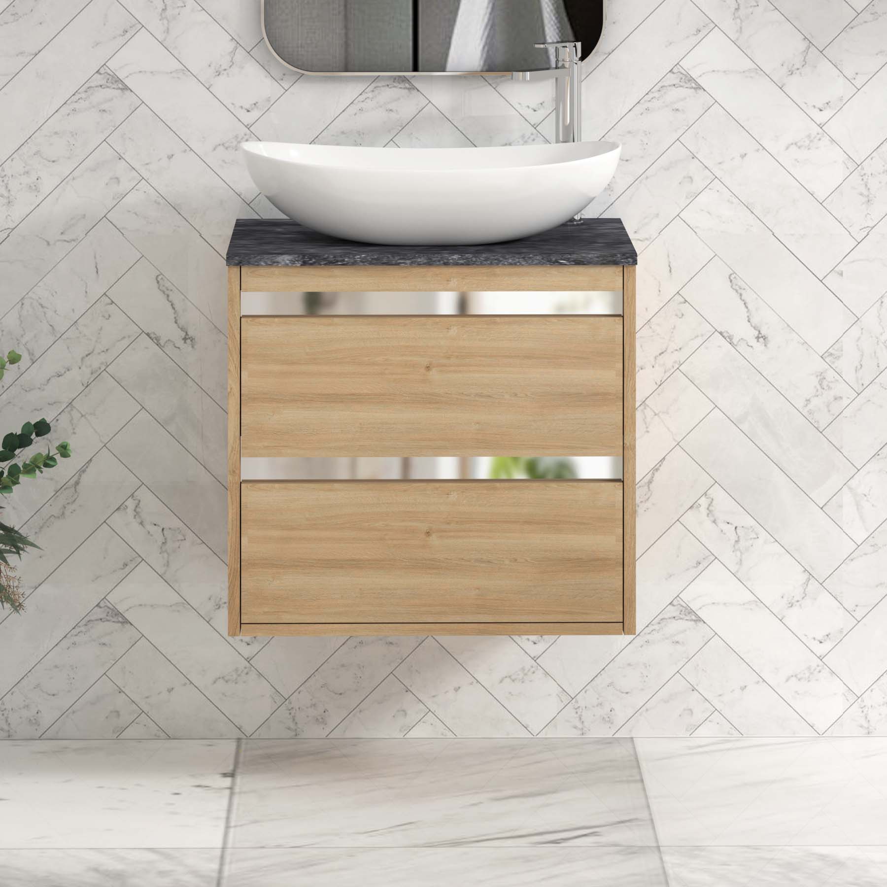 Orion 800mm Oak Wall Hung Countertop Vanity Unit 2 Drawer with Cesar Basin & Chrome Strip - Black Star