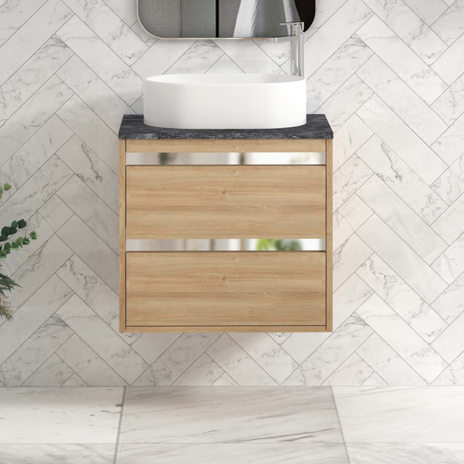 Orion 800mm Oak Wall Hung Countertop Vanity Unit 2 Drawer with Peak Basin & Chrome Strip - Black Star