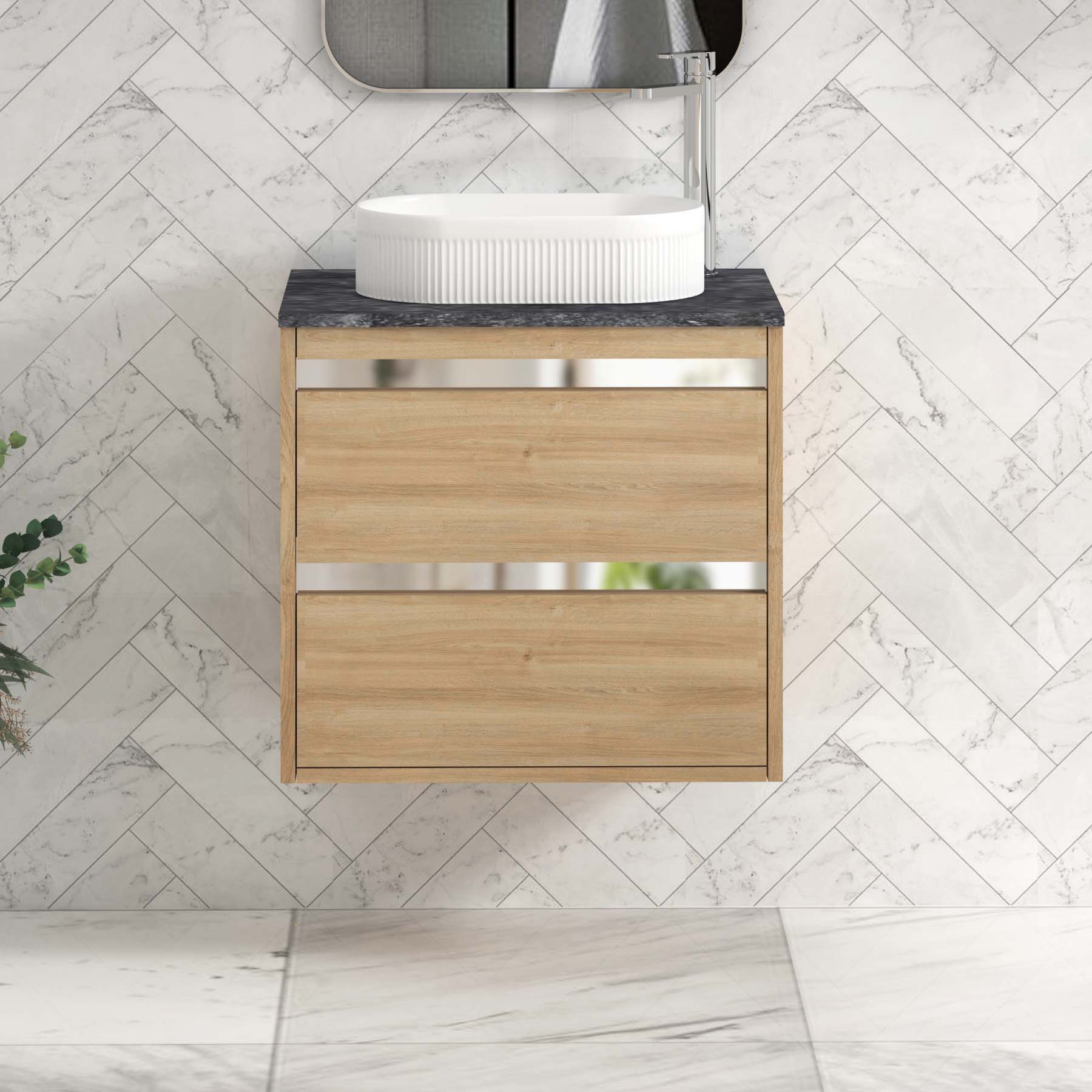Orion 800mm Oak Wall Hung Countertop Vanity Unit 2 Drawer with Lyon Basin & Chrome Strip - Black Star