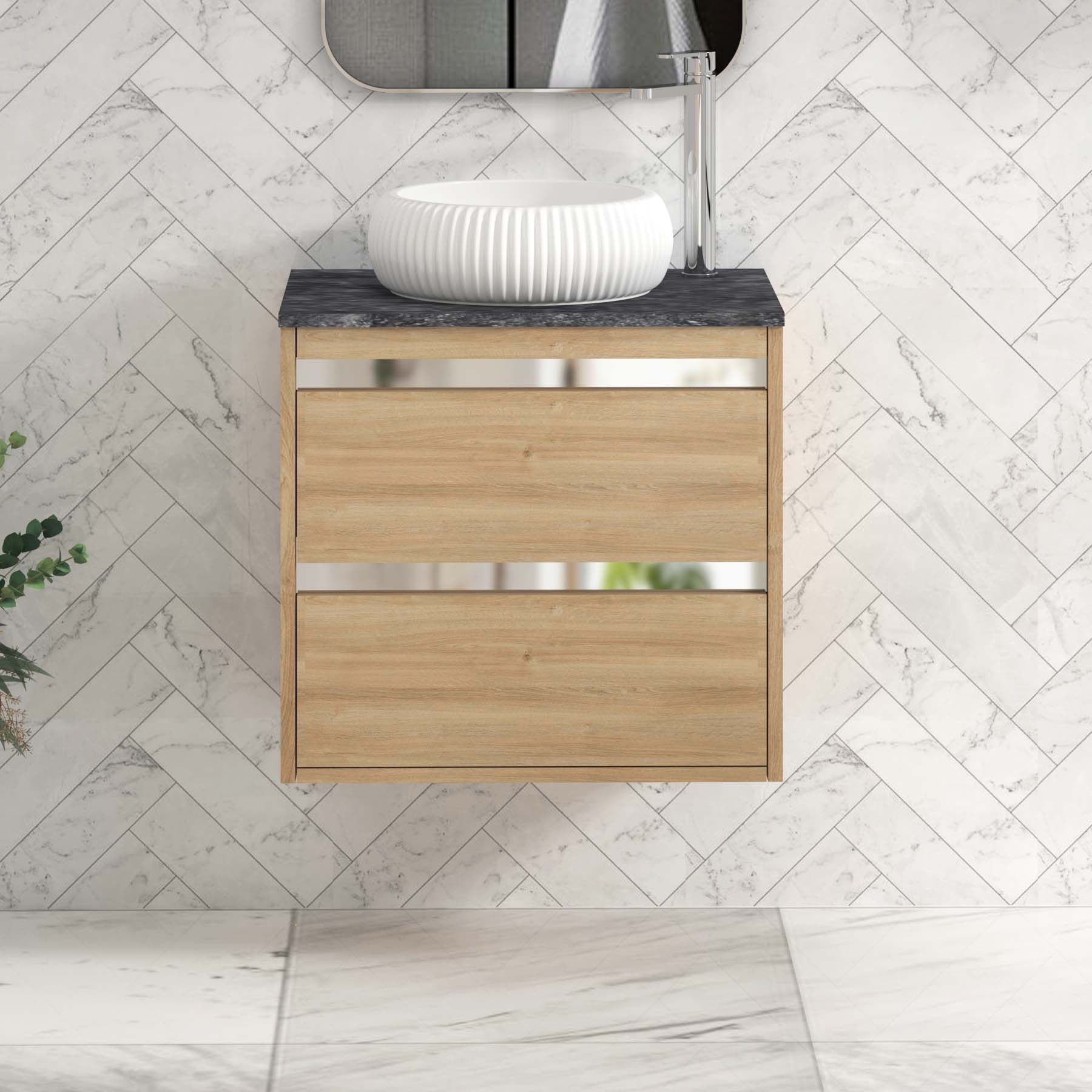 Orion 800mm Oak Wall Hung Countertop Vanity Unit 2 Drawer with Milan Basin & Chrome Strip - Black Star