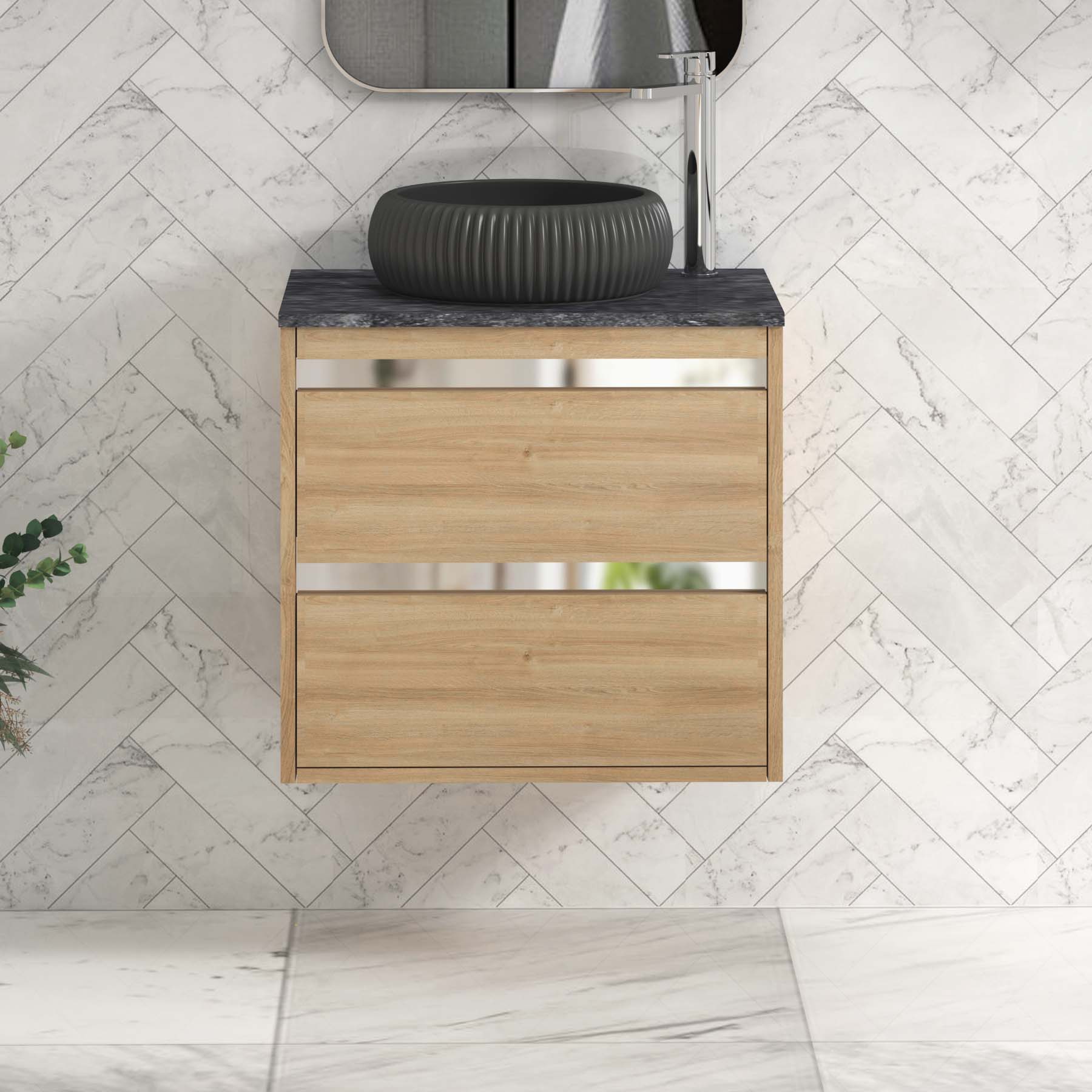 Orion 800mm Oak Wall Hung Countertop Vanity Unit 2 Drawer with Milan Black Basin & Chrome Strip - Black Star