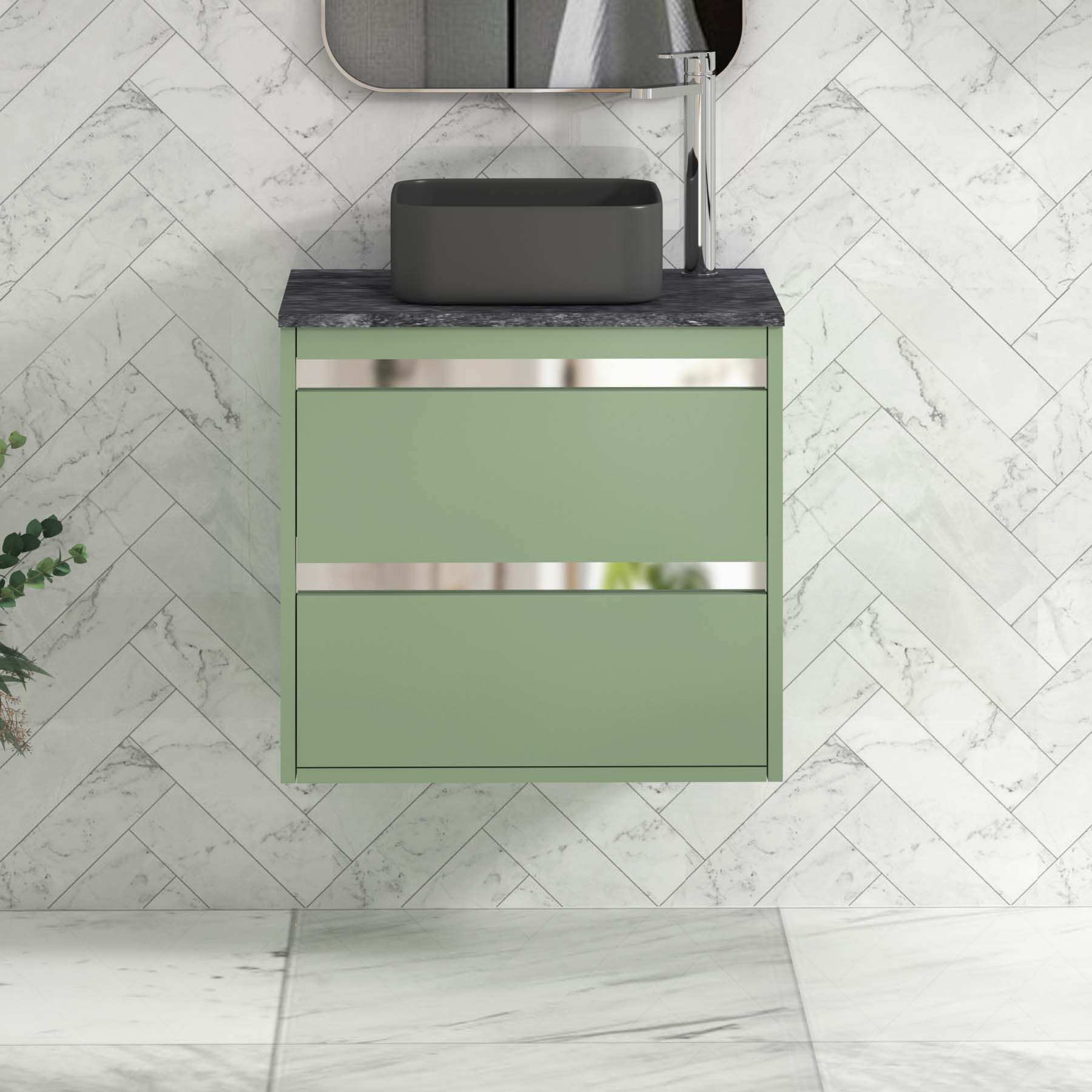Orion 800mm Mint Green Wall Hung Countertop Vanity Unit 2 Drawer with Art Square Basin & Chrome Strip - Black Star