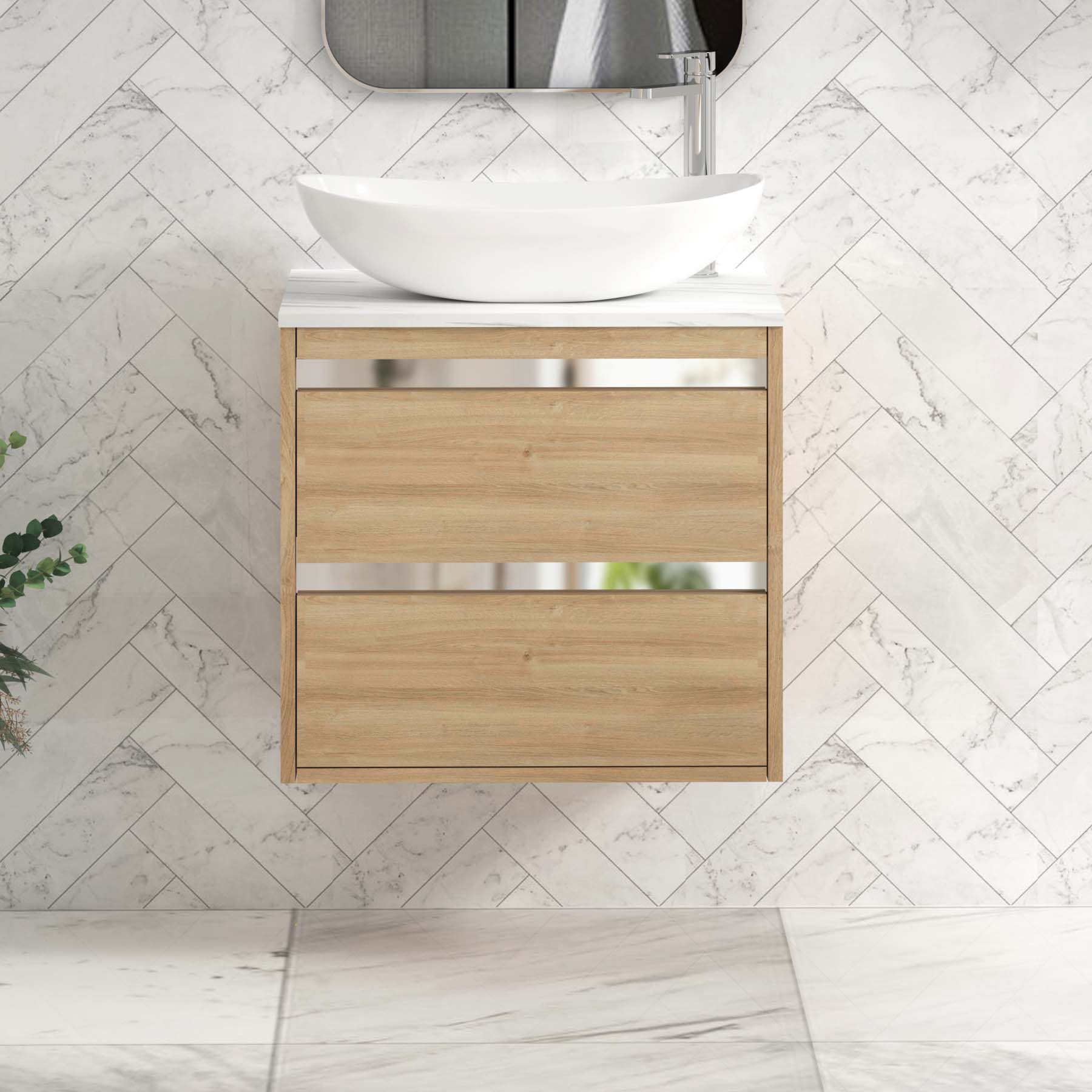 Orion 800mm Oak Wall Hung Countertop Vanity Unit 2 Drawer with Cesar Basin & Chrome Strip