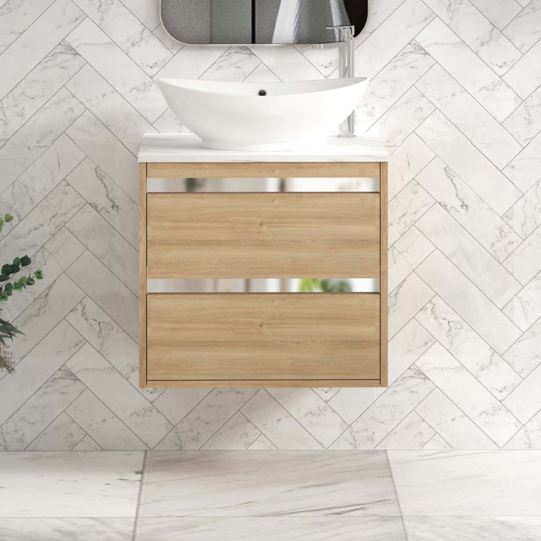Orion 800mm Oak Wall Hung Countertop Vanity Unit 2 Drawer with Amaze Basin & Chrome Strip