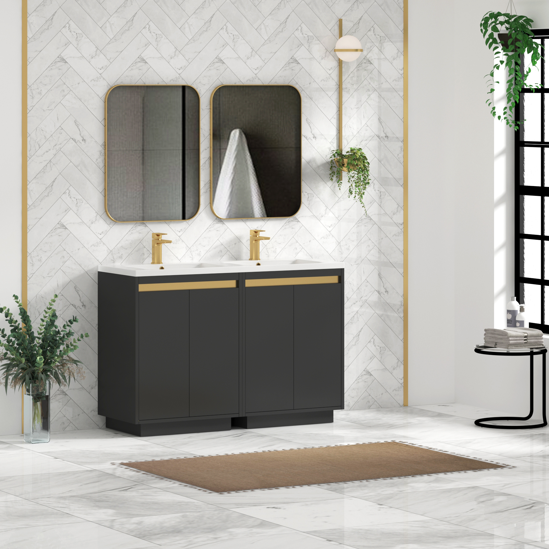 Orion 1200mm Matt Obsidian Black 4 Door Floor Standing Vanity Unit with Ceramic Basin & Accent Trim