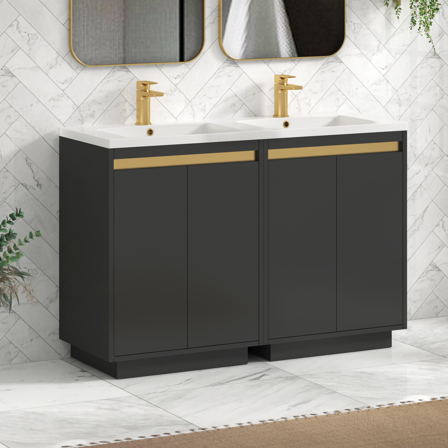 Orion 1200mm Matt Obsidian Black 4 Door Floor Standing Vanity Unit with Ceramic Basin & Accent Trim