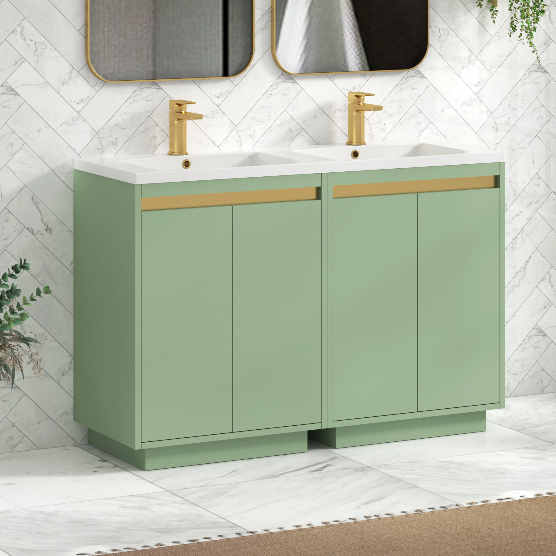 Orion 1200mm Mint Sage 4 Door Floor Standing Vanity Unit with Ceramic Basin & Accent Trim