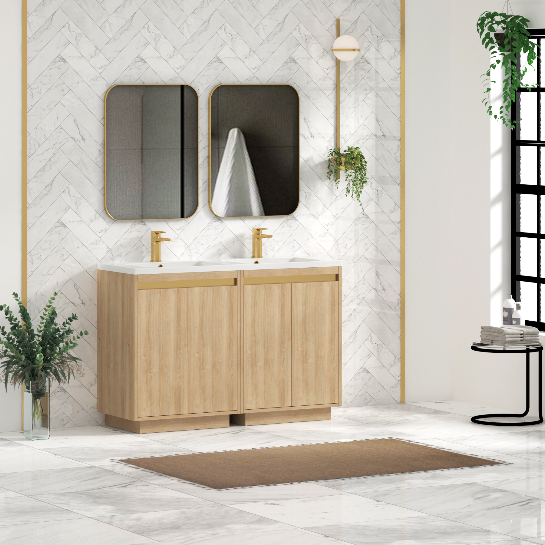 Orion 1200mm Natural Oak 4 Door Floor Standing Vanity Unit with Ceramic Basin & Accent Trim