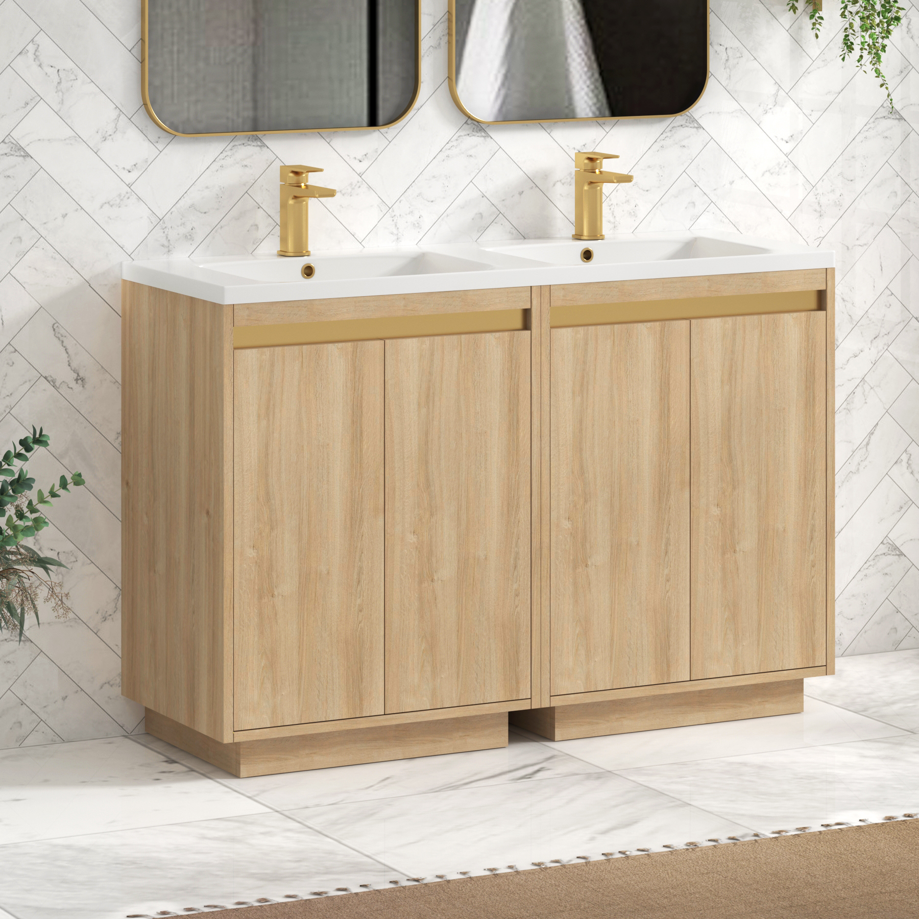 Orion 1200mm Natural Oak 4 Door Floor Standing Vanity Unit with Ceramic Basin & Accent Trim
