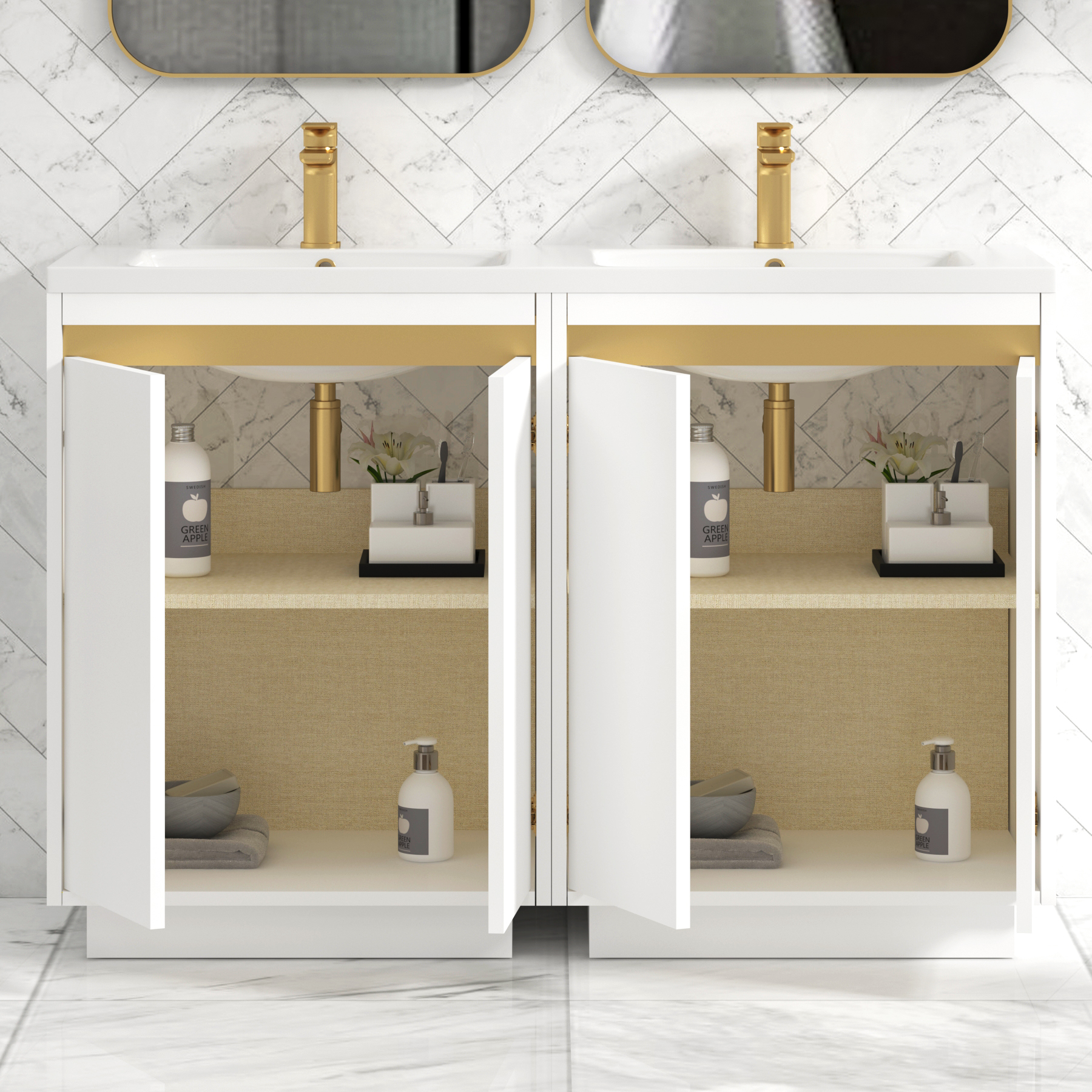Orion 1200 Matt White 4 Door Floor Standing Vanity Unit with Ceramic Basin & Brushed Brass Accent Trim
