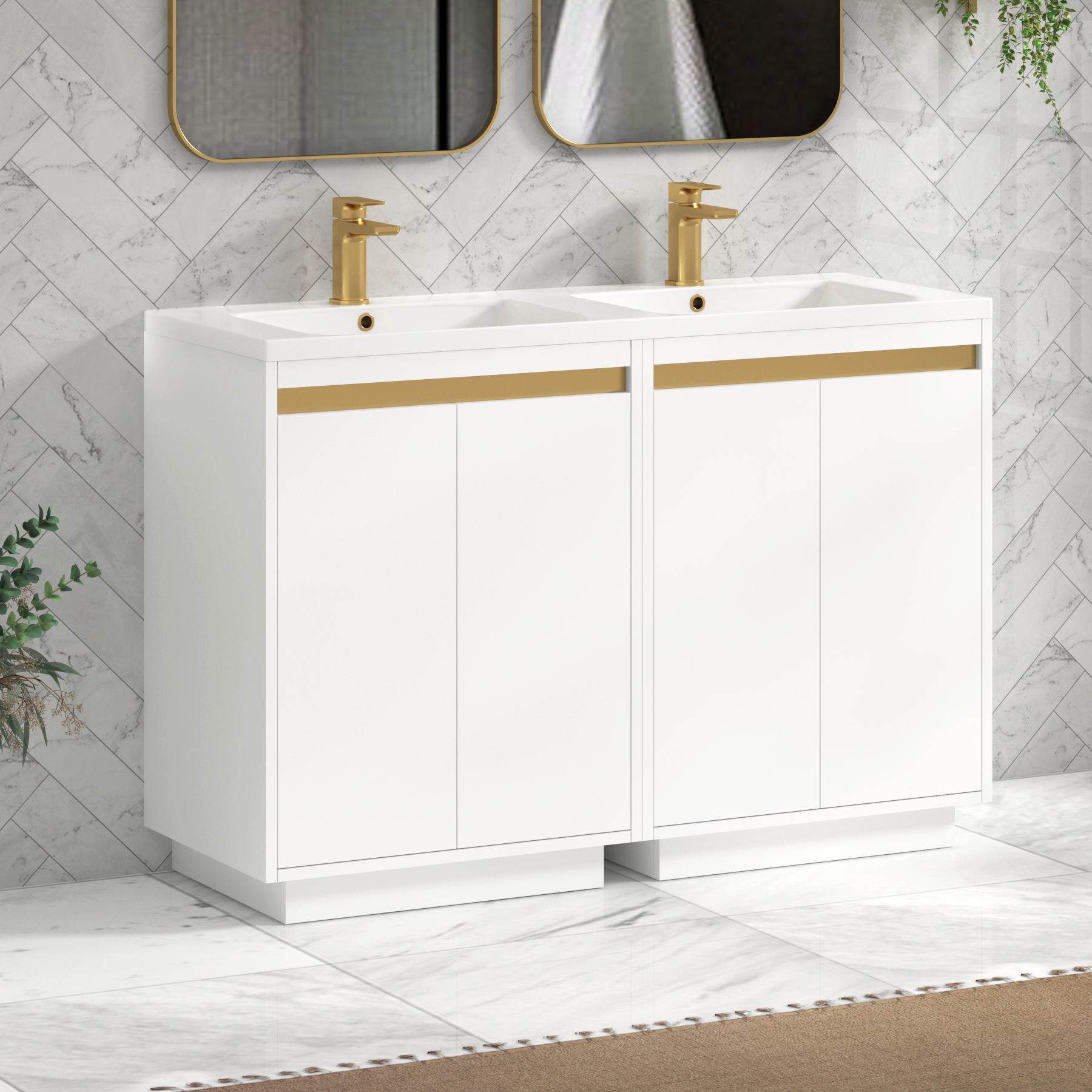 Orion 1200mm Matt White 4 Door Floor Standing Vanity Unit with Ceramic Basin & Accent Trim