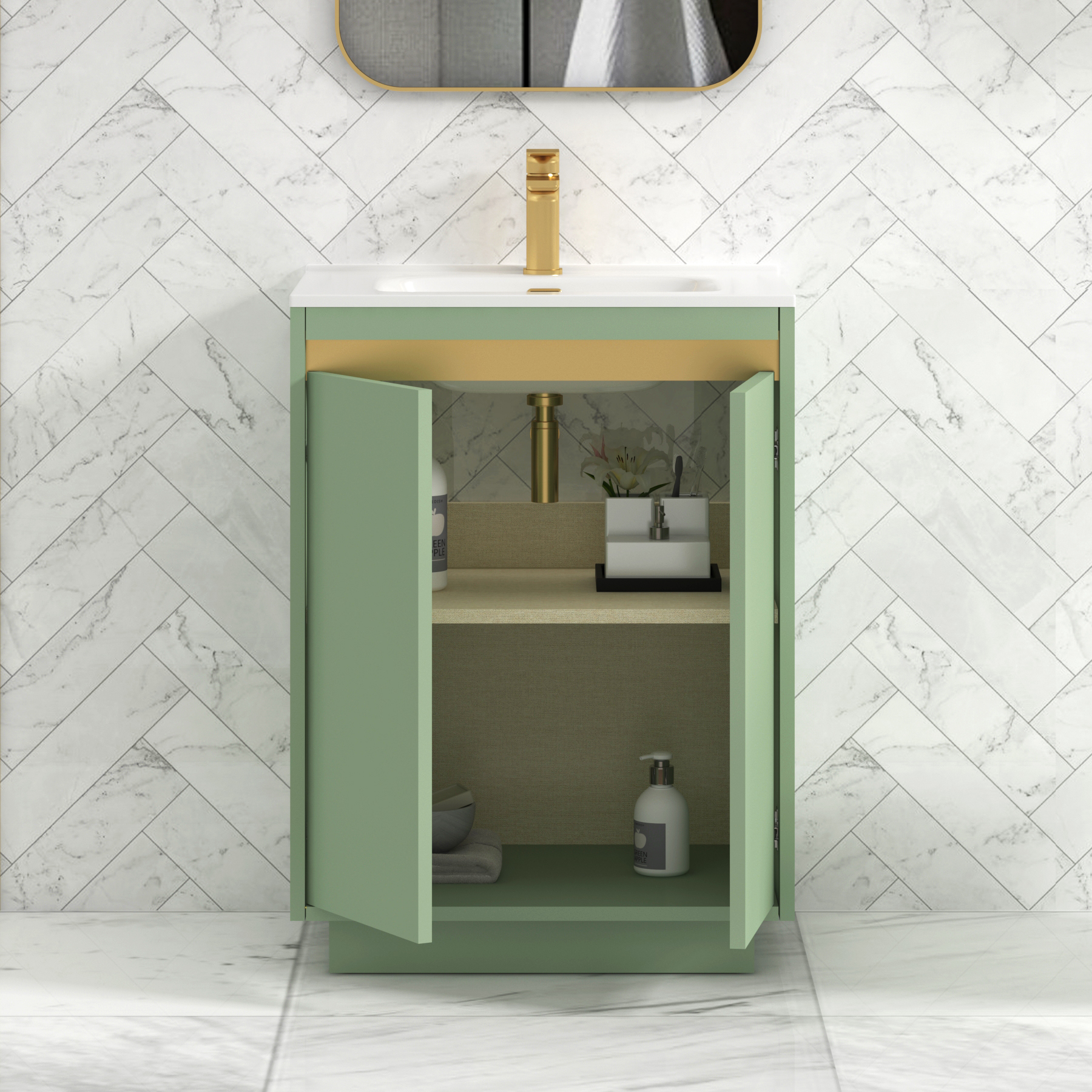 Orion Mint Sage 2 Door Floor Standing Vanity Unit with Ceramic Basin