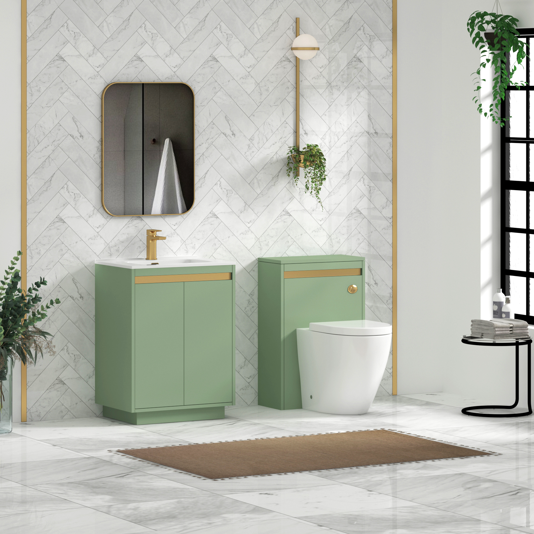 Orion Mint Sage 2 Door Floor Standing Vanity Unit with Ceramic Basin