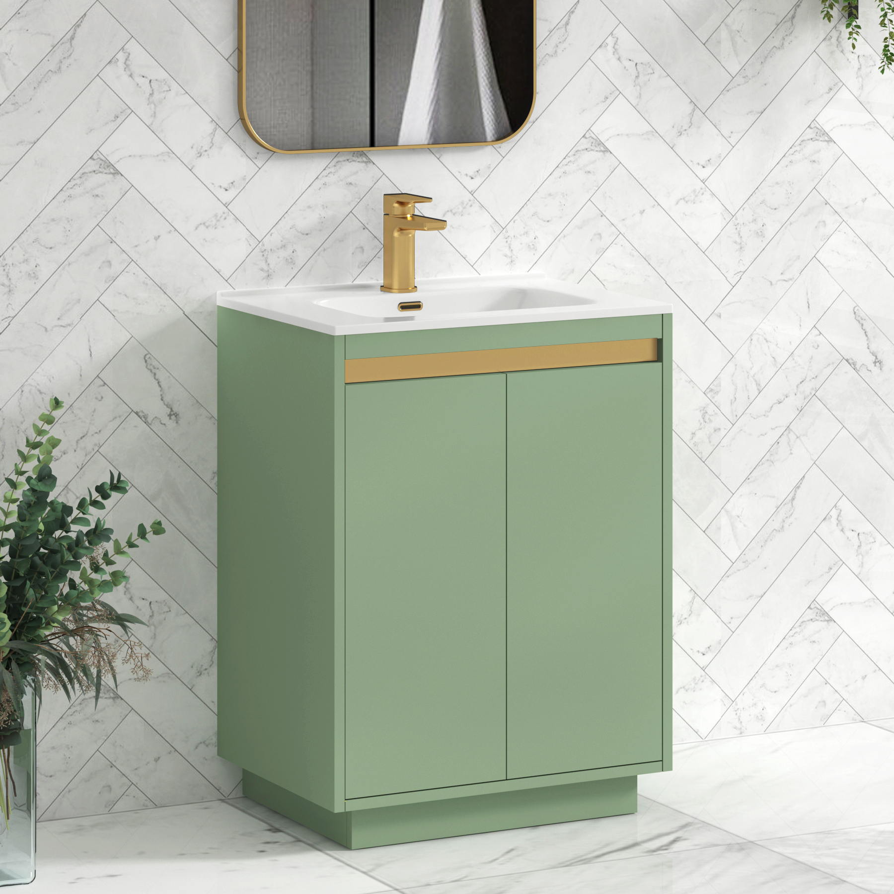 Orion Mint Sage 2 Door Floor Standing Vanity Unit with Ceramic Basin