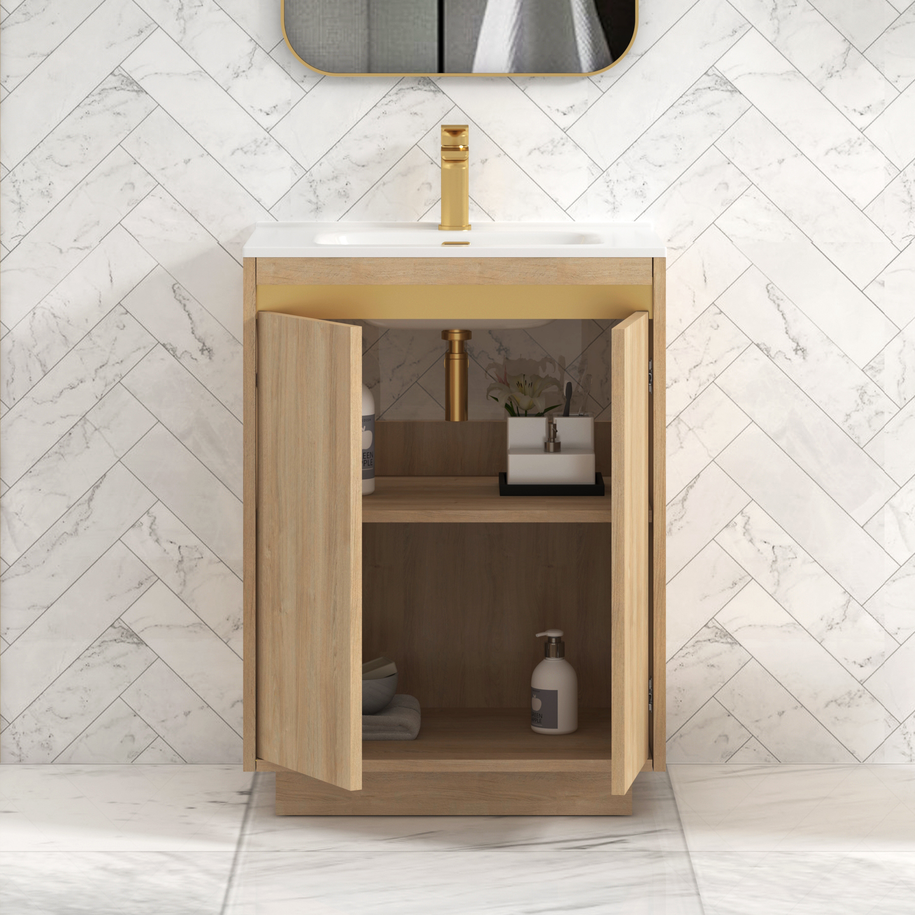 Orion Natural Oak 2 Door Floor Standing Vanity Unit with Ceramic Basin