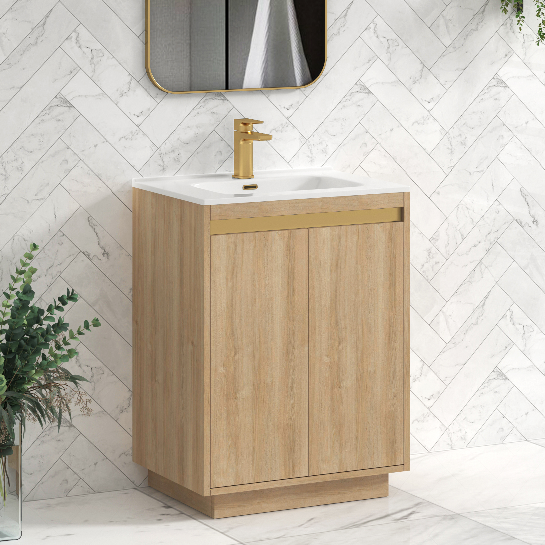 Orion Natural Oak 2 Door Floor Standing Vanity Unit with Ceramic Basin