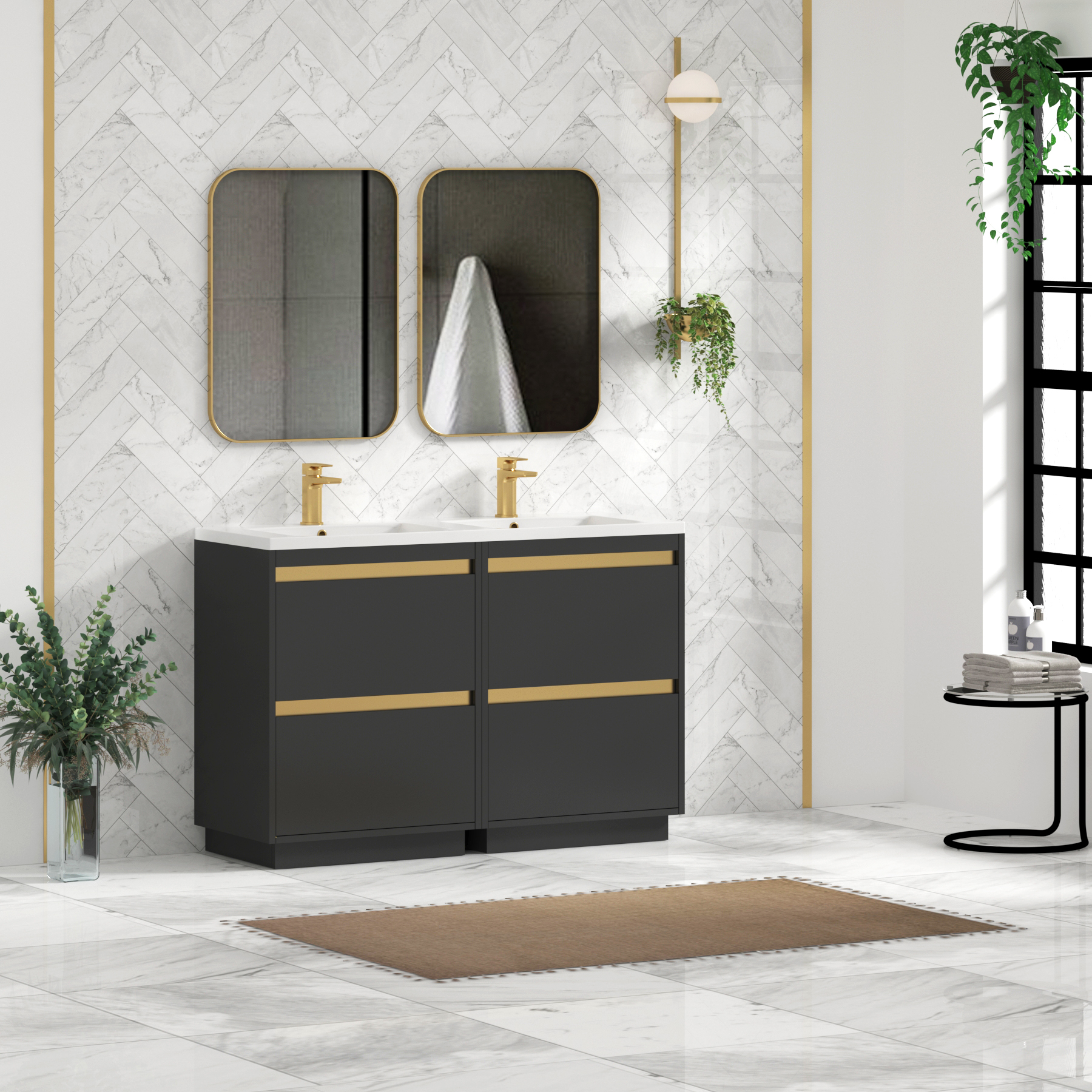 Orion 1200mm Matt Obsidian Black 4 Drawer Floor Standing Vanity Unit with Ceramic Basin & Accent Trim