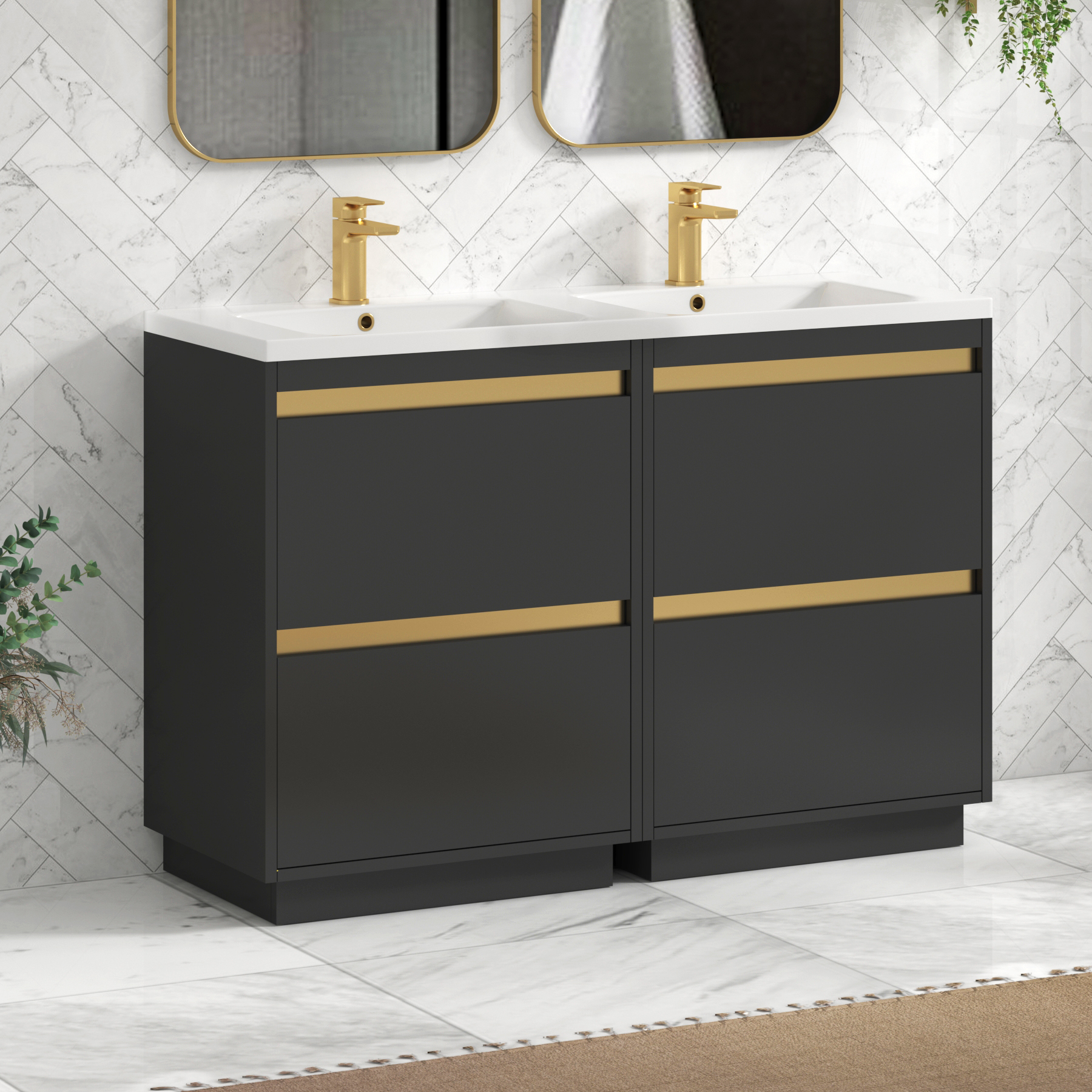 Orion 1200mm Matt Obsidian Black 4 Drawer Floor Standing Vanity Unit with Ceramic Basin & Accent Trim