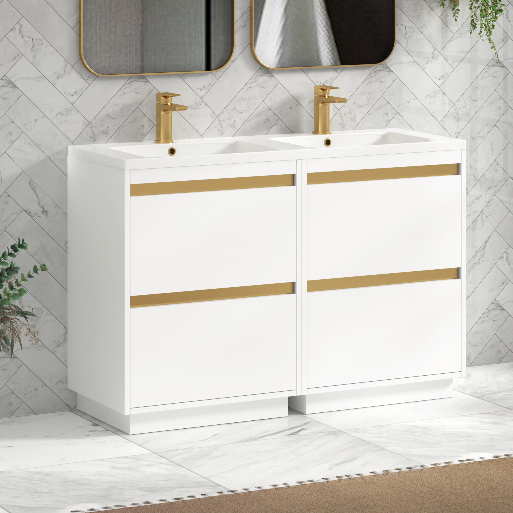 Orion 1200mm Matt White 4 Drawer Floor Standing Vanity Unit with Ceramic Basin & Accent Trim