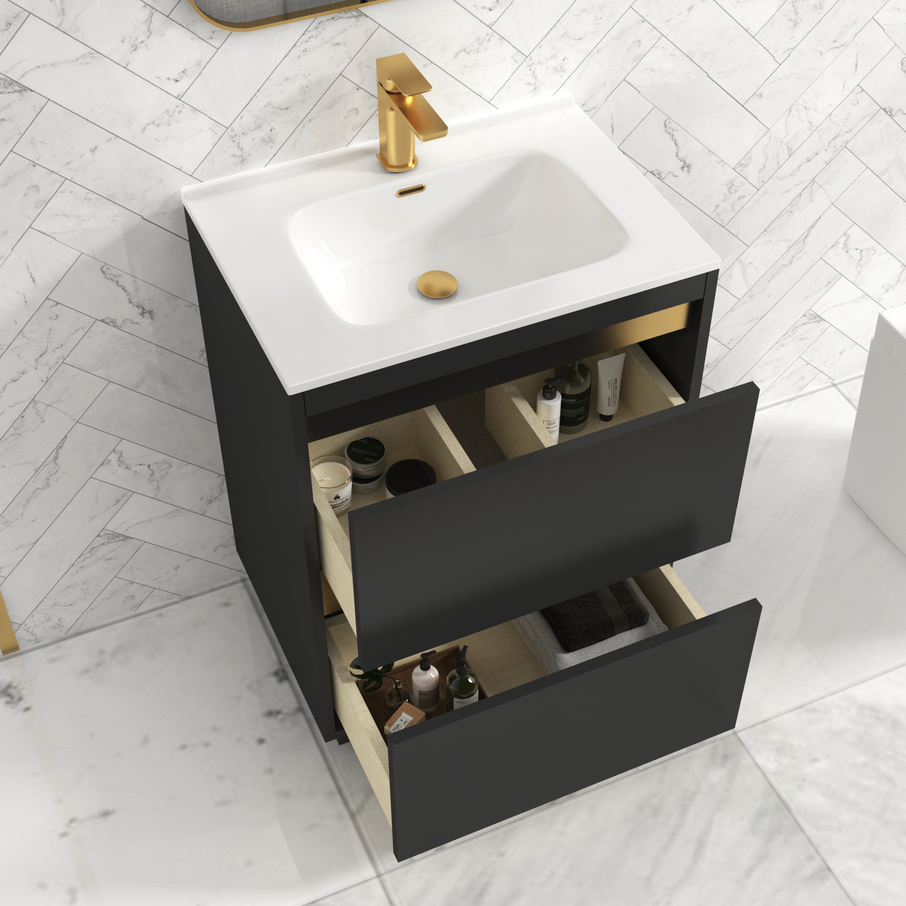 Orion Matt Obsidian Black 2 Drawer Floor Standing Vanity Unit with Ceramic Basin